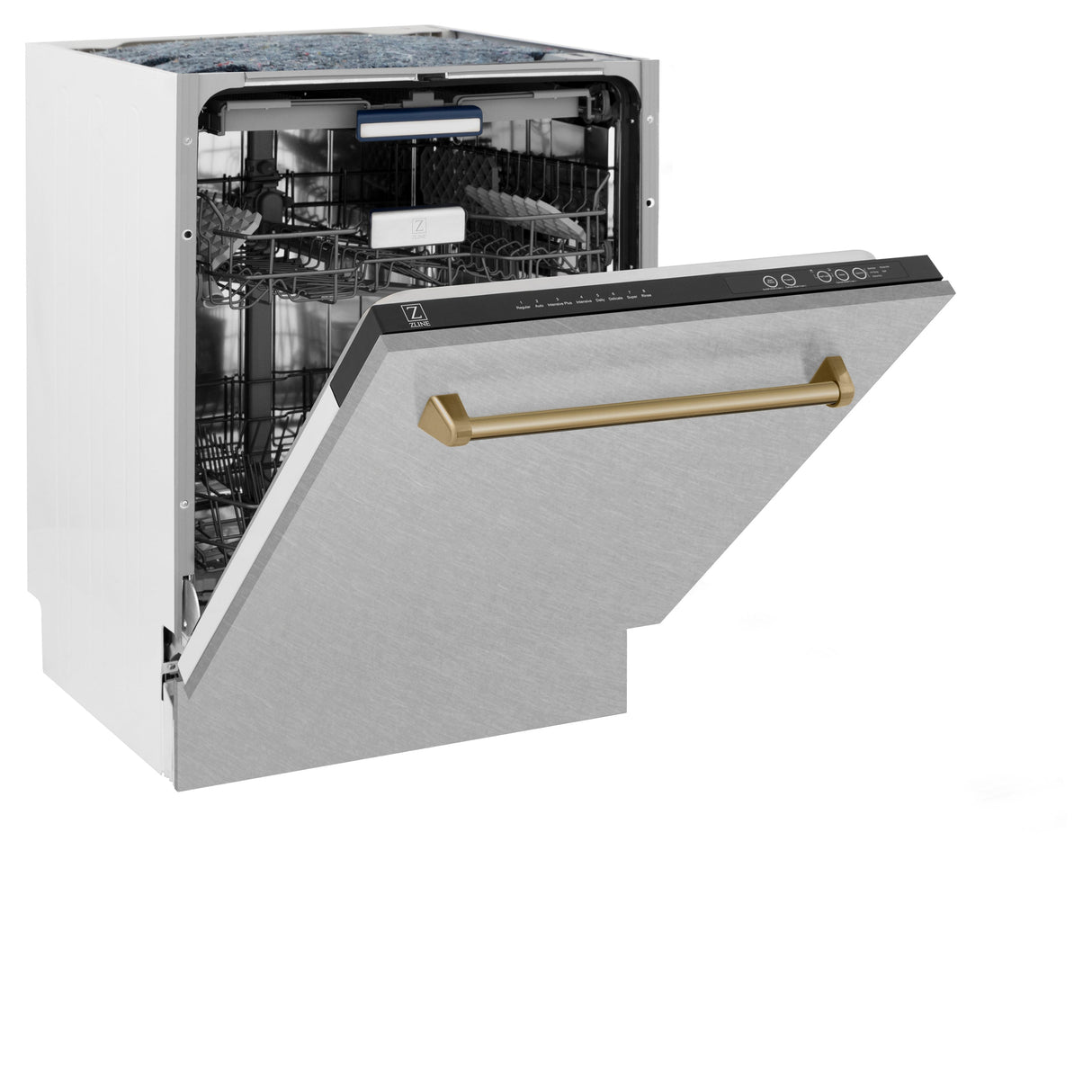 ZLINE Autograph Edition 24 in. Tallac Series 3rd Rack Top Control Built-In Tall Tub Dishwasher with Satin Stainless Steel Panel and Champagne Bronze Handle, 51dBa (DWVZ-SN-24-CB)