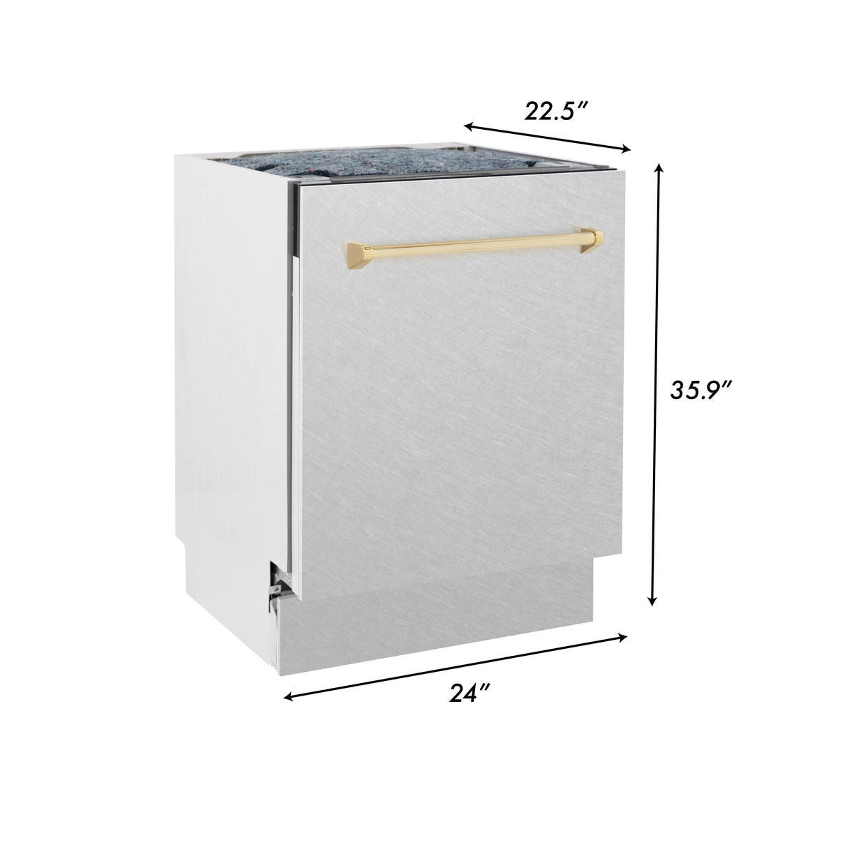 ZLINE Autograph Edition 24 in. Tallac Series 3rd Rack Top Control Built-In Tall Tub Dishwasher with Satin Stainless Steel Panel and Polished Gold Handle, 51dBa (DWVZ-SN-24-G)