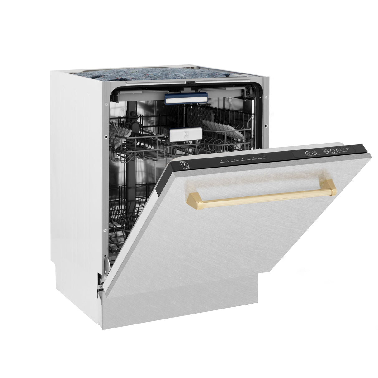 ZLINE Autograph Edition 24 in. Tallac Series 3rd Rack Top Control Built-In Tall Tub Dishwasher with Satin Stainless Steel Panel and Polished Gold Handle, 51dBa (DWVZ-SN-24-G)