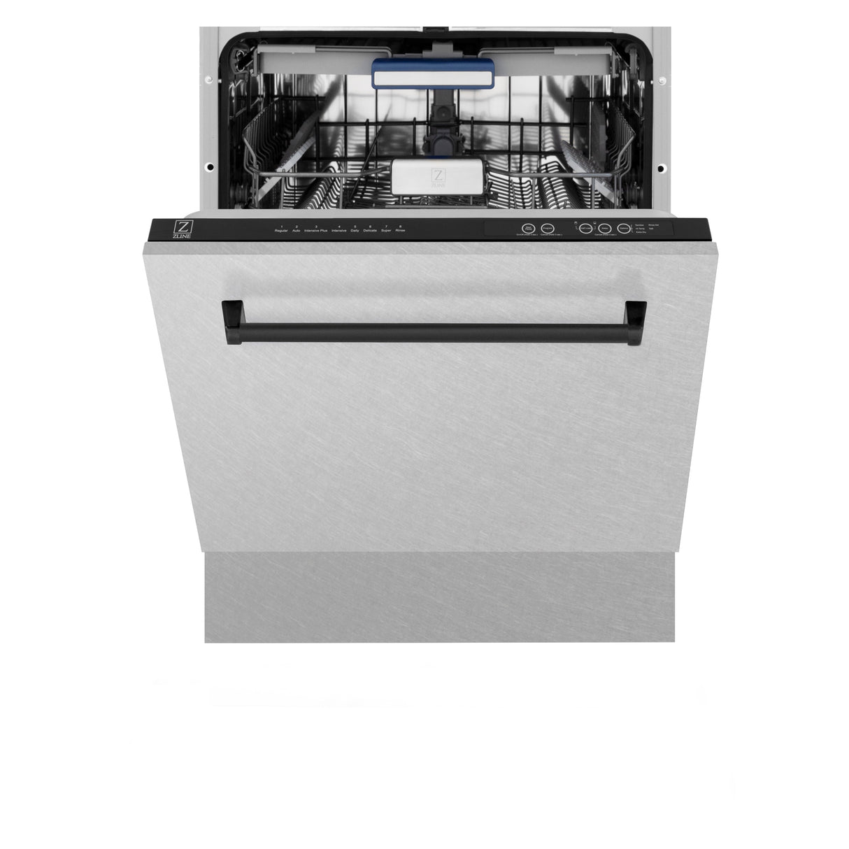 ZLINE Autograph Edition 24 in. Tallac Series 3rd Rack Top Control Built-In Tall Tub Dishwasher with Satin Stainless Steel Panel and Matte Black Handle, 51dBa (DWVZ-SN-24-MB)