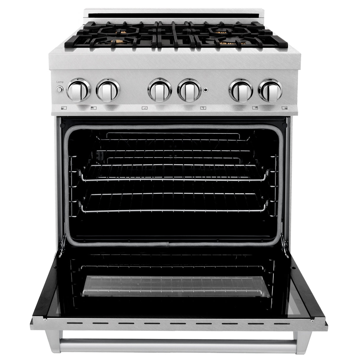 ZLINE 30 in. 4.0 cu. ft. Legacy Dual Fuel Range with Gas Cooktop and Electric Convection Oven in Satin Stainless Steel with 4 Brass Burners and Griddle (RAS-SN-BR-GR-30)