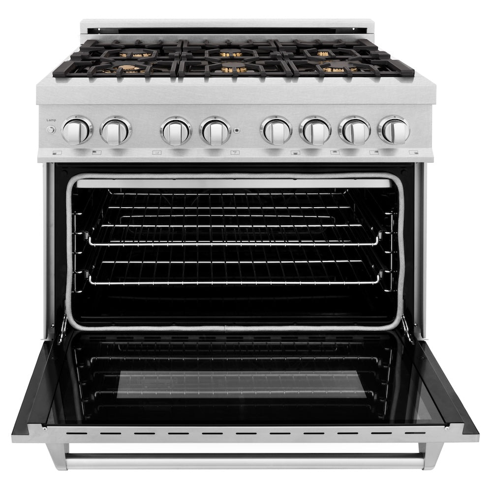 ZLINE 36 in. 4.6 cu. ft. Legacy Dual Fuel Range with Gas Cooktop and Electric Convection Oven in Satin Stainless Steel with 6 Brass Burners (RAS-SN-BR-36)