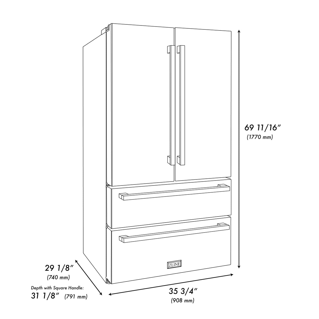 ZLINE Autograph Edition 36 in. 21.6 cu. ft. Counter-Depth French Door Refrigerator with Water and Ice Dispenser in Fingerprint-Resistant Black Stainless Steel with Champagne Bronze Modern Handles (RFMZ-W36-BS-FCB)