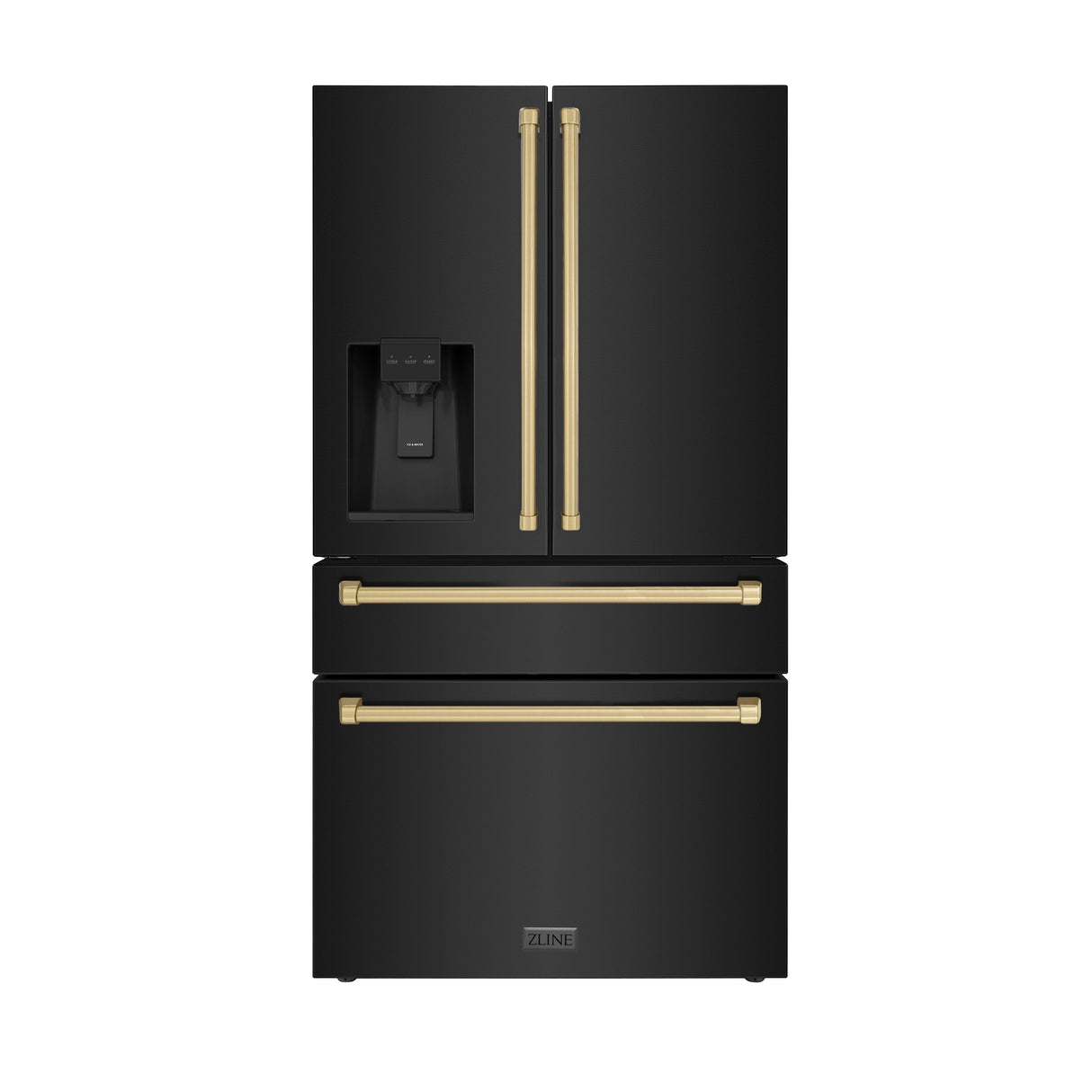 ZLINE Autograph Edition 36 in. 21.6 cu. ft Counter-Depth French Door Refrigerator with Water and Ice Dispenser in Fingerprint-Resistant Black Stainless Steel with Champagne Bronze Traditional Handles (RFMZ-W-36-BS-CB)