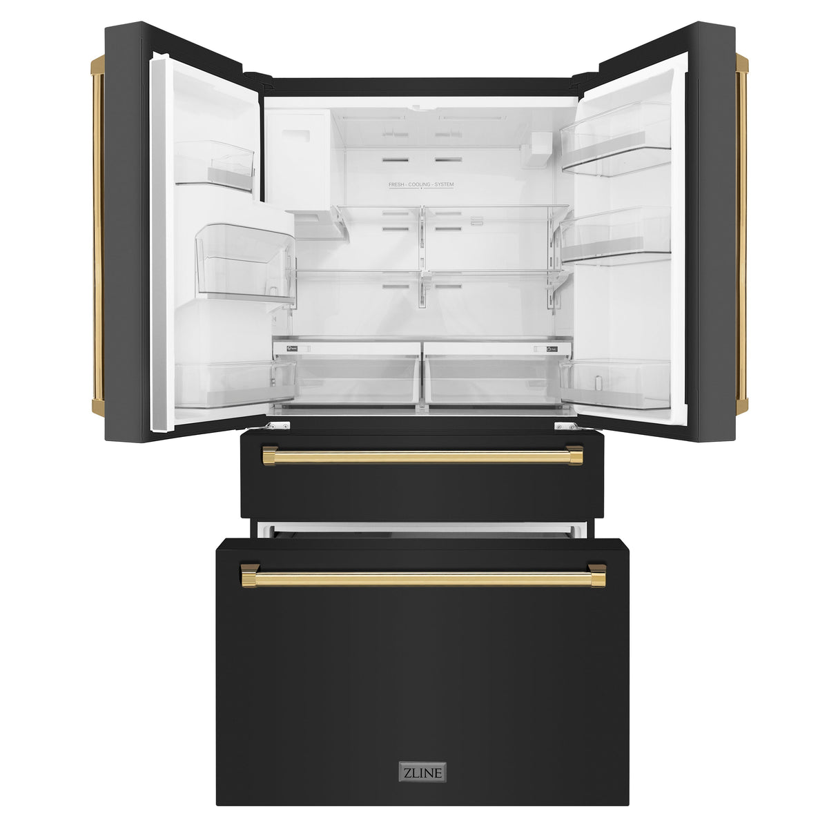 ZLINE Autograph Edition 36 in. 21.6 cu. ft. Counter-Depth French Door Refrigerator with Water and Ice Dispenser in Fingerprint-Resistant Black Stainless Steel with Polished Gold Traditional Handles (RFMZ-W-36-BS-G)