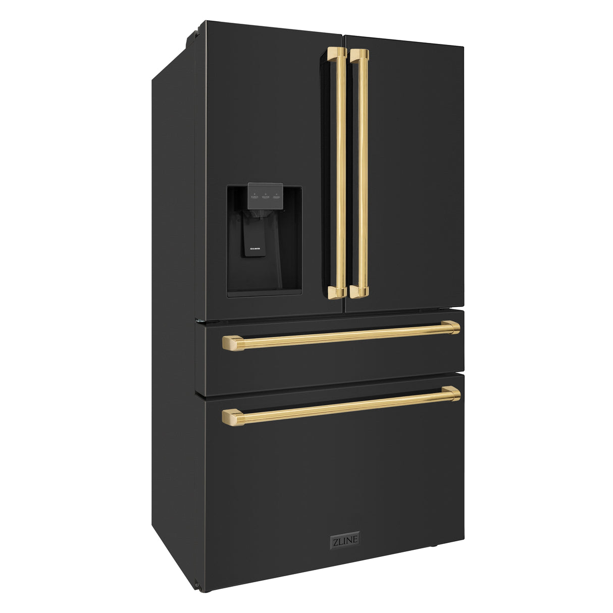 ZLINE Autograph Edition 36 in. 21.6 cu. ft. Counter-Depth French Door Refrigerator with Water and Ice Dispenser in Fingerprint-Resistant Black Stainless Steel with Polished Gold Traditional Handles (RFMZ-W-36-BS-G)