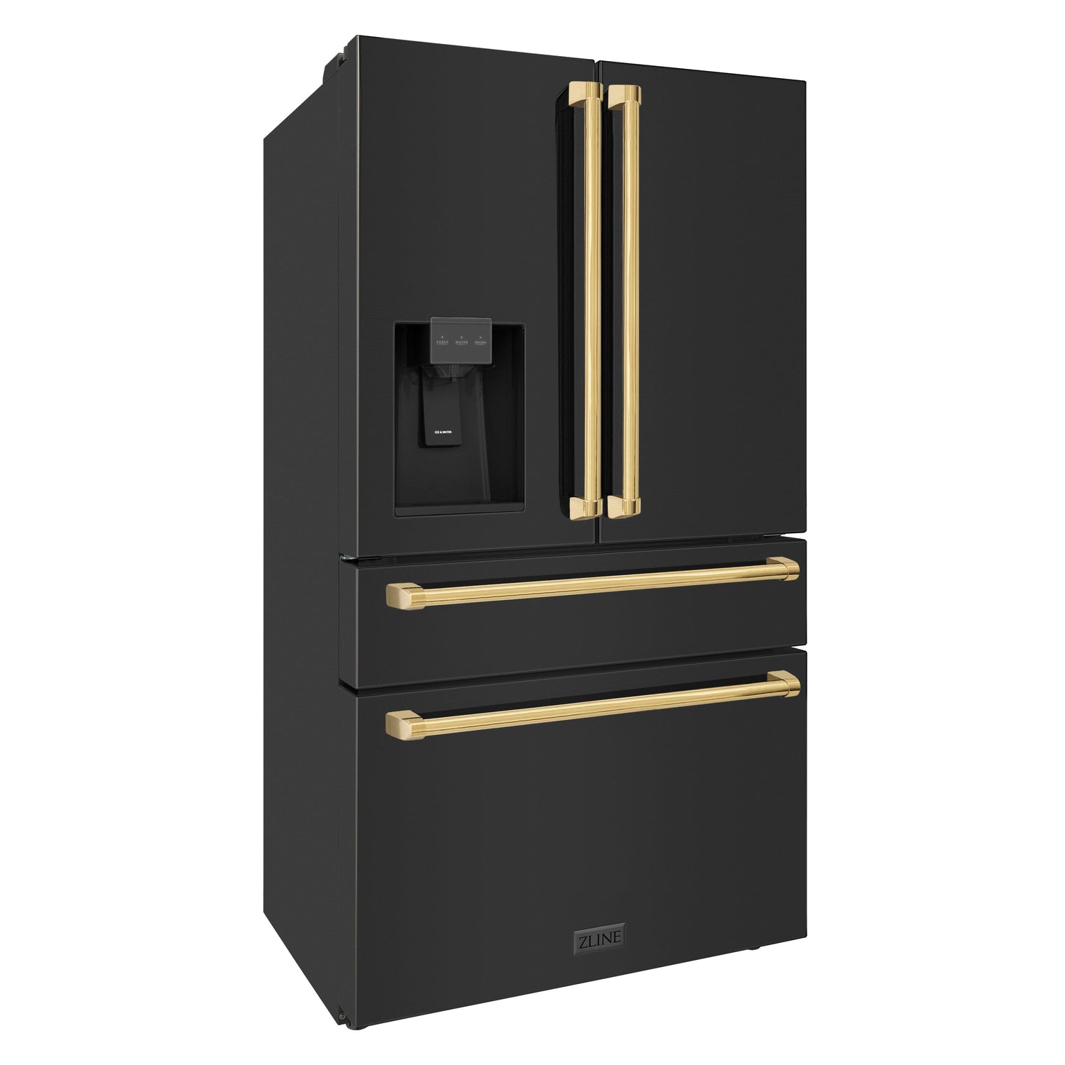 ZLINE Autograph Edition 36 in. 21.6 cu. ft. Counter-Depth French Door Refrigerator with Water and Ice Dispenser in Fingerprint-Resistant Black Stainless Steel with Polished Gold Traditional Handles (RFMZ-W-36-BS-G)