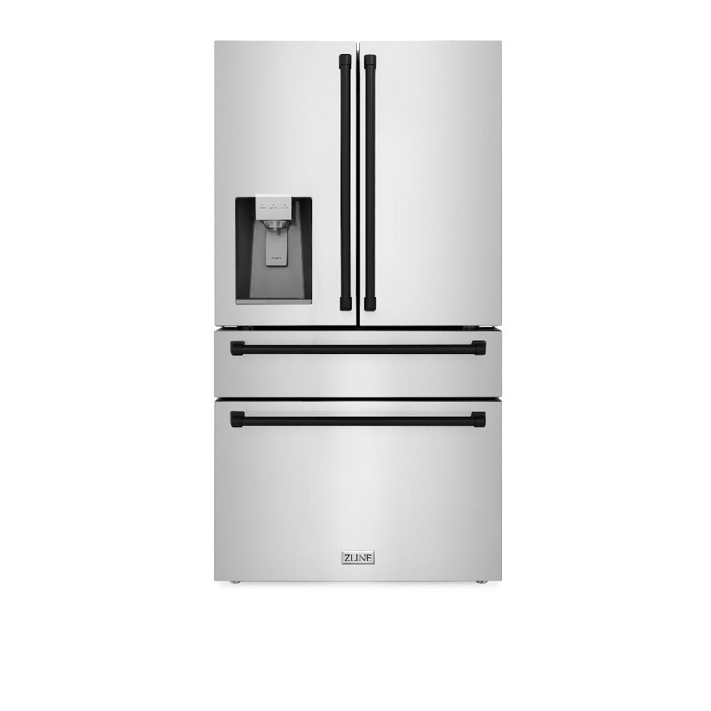 ZLINE Autograph Edition 36 in. Kitchen Package with Stainless Steel Dual Fuel Range, Range Hood, Dishwasher and Refrigeration Including External Water Dispenser with Matte Black Accents (4AKPR-RARHDWM36-MB)