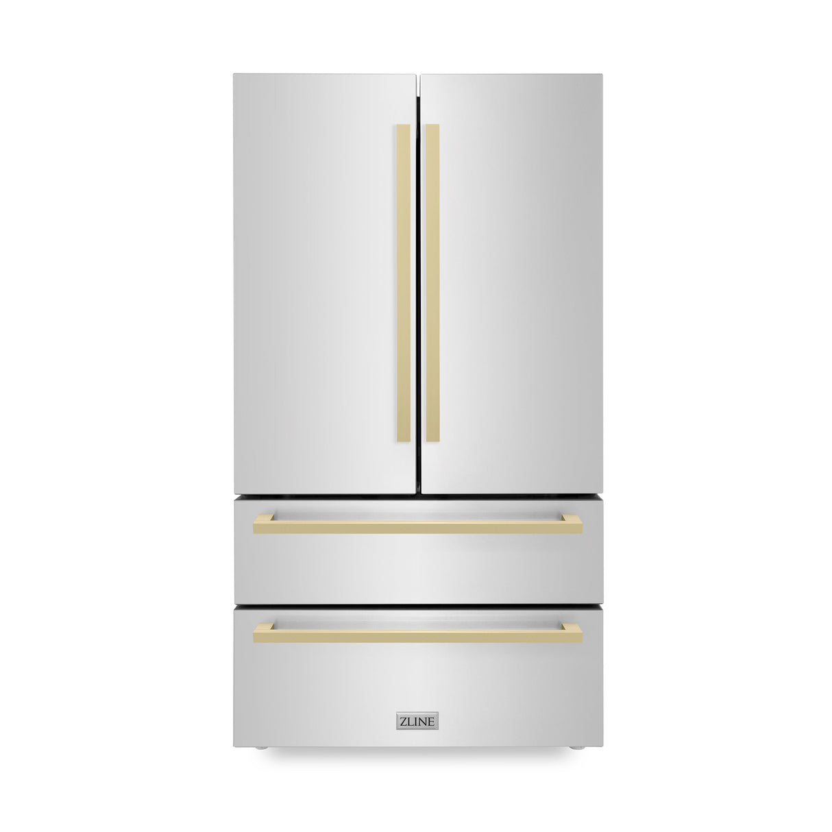 ZLINE Autograph Edition 36 in. 22.5 cu. ft. Counter-Depth French Door Refrigerator with Ice Maker in Fingerprint-Resistant Stainless Steel with Champagne Bronze Modern Handles (RFMZ-36-FCB)