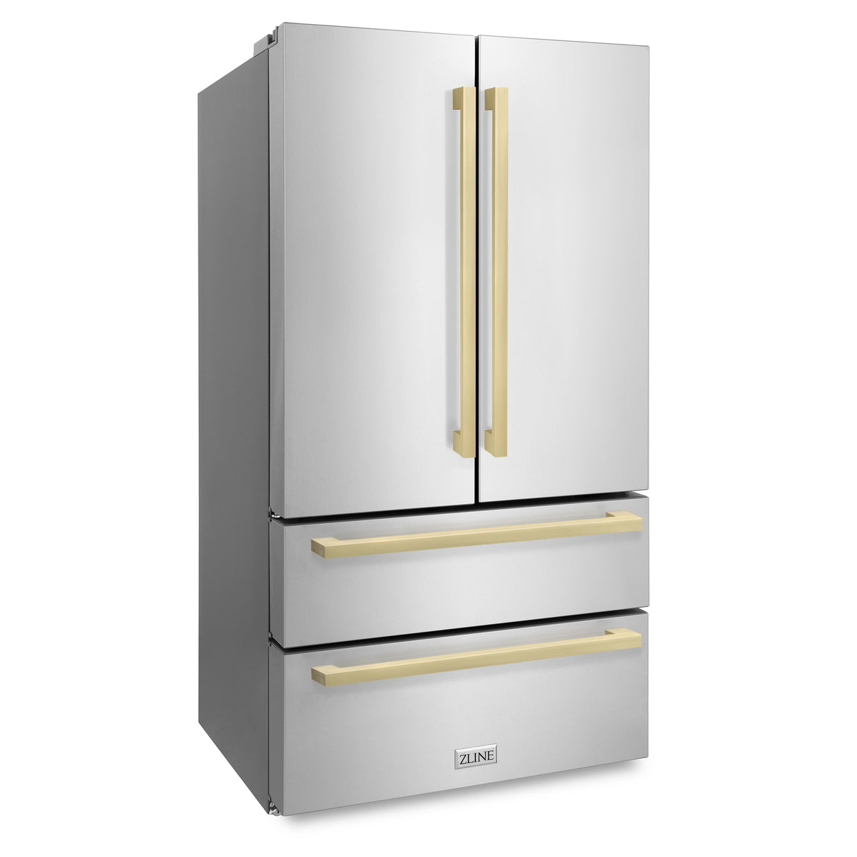 ZLINE Autograph Edition 36 in. 22.5 cu. ft. Counter-Depth French Door Refrigerator with Ice Maker in Fingerprint-Resistant Stainless Steel with Champagne Bronze Modern Handles (RFMZ-36-FCB)