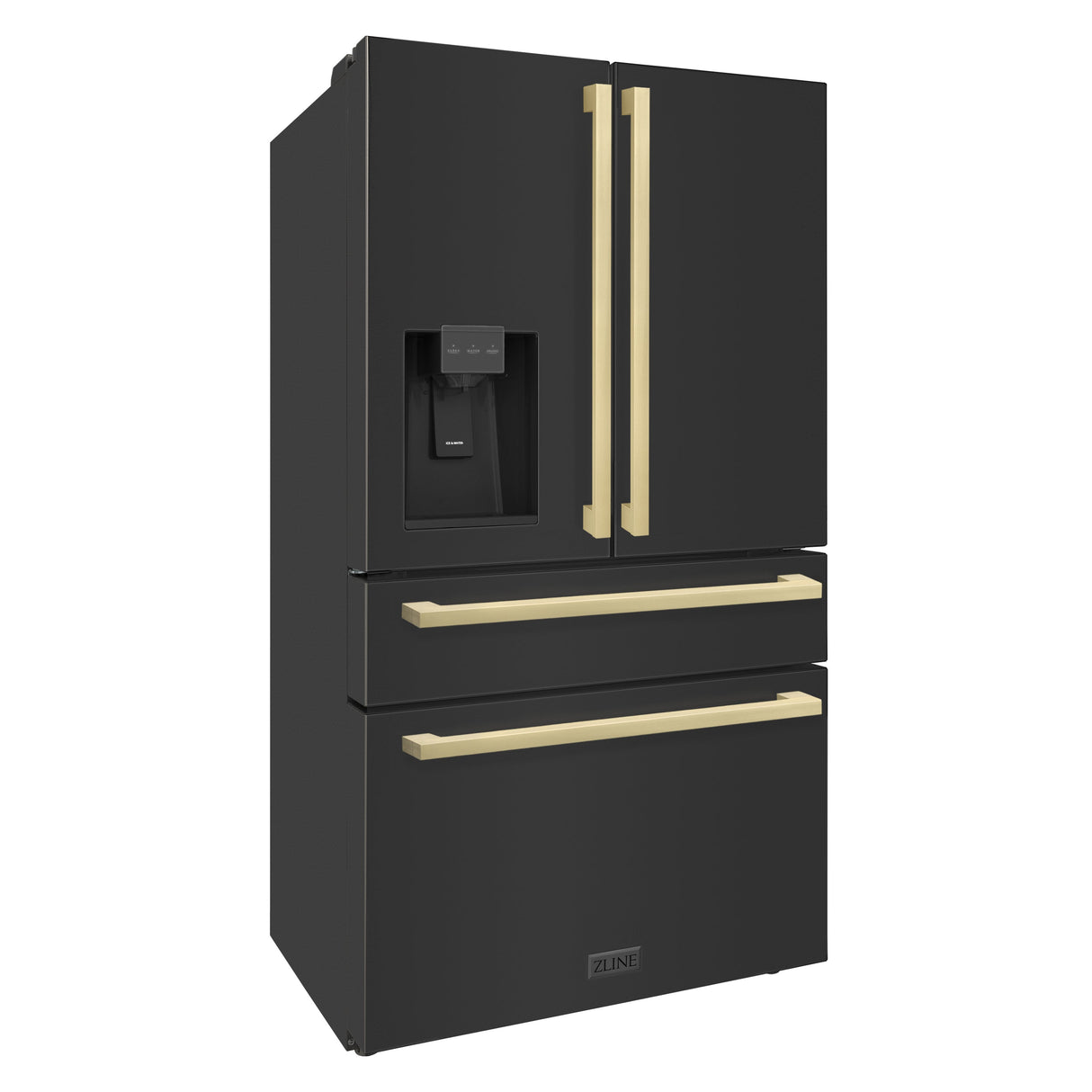 ZLINE Autograph Edition 36 in. 21.6 cu. ft. Counter-Depth French Door Refrigerator with Water and Ice Dispenser in Fingerprint-Resistant Black Stainless Steel with Champagne Bronze Modern Handles (RFMZ-W36-BS-FCB)