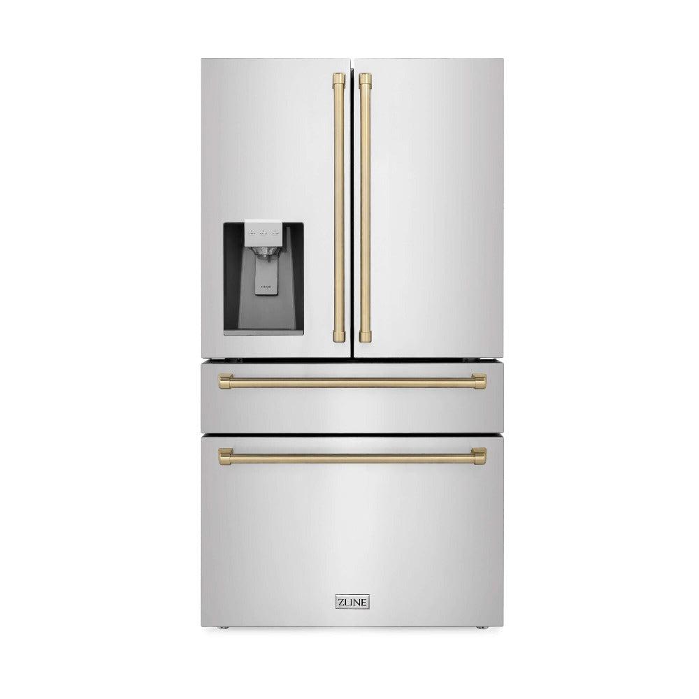 ZLINE Autograph Edition 30 in. Kitchen Package with Stainless Steel Dual Fuel Range, Range Hood, Dishwasher, and Refrigerator with External Water Dispenser with Champagne Bronze Accents (4AKPR-RARHDWM30-CB)