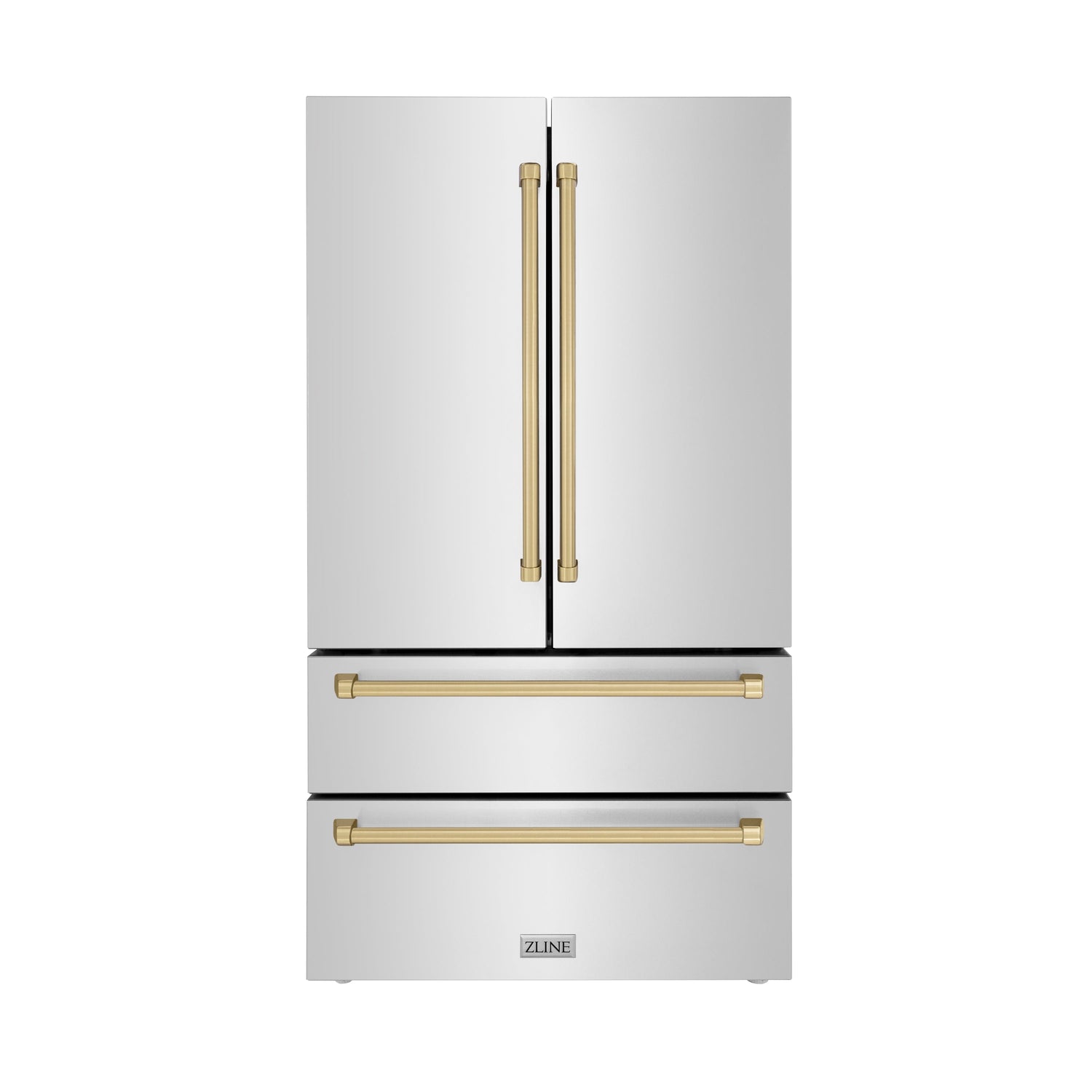 ZLINE Autograph Edition 36 in. 22.5 cu. ft. Counter-Depth French Door Refrigerator with Ice Maker in Fingerprint-Resistant Stainless Steel with Champagne Bronze Traditional Handles (RFMZ-36-CB)