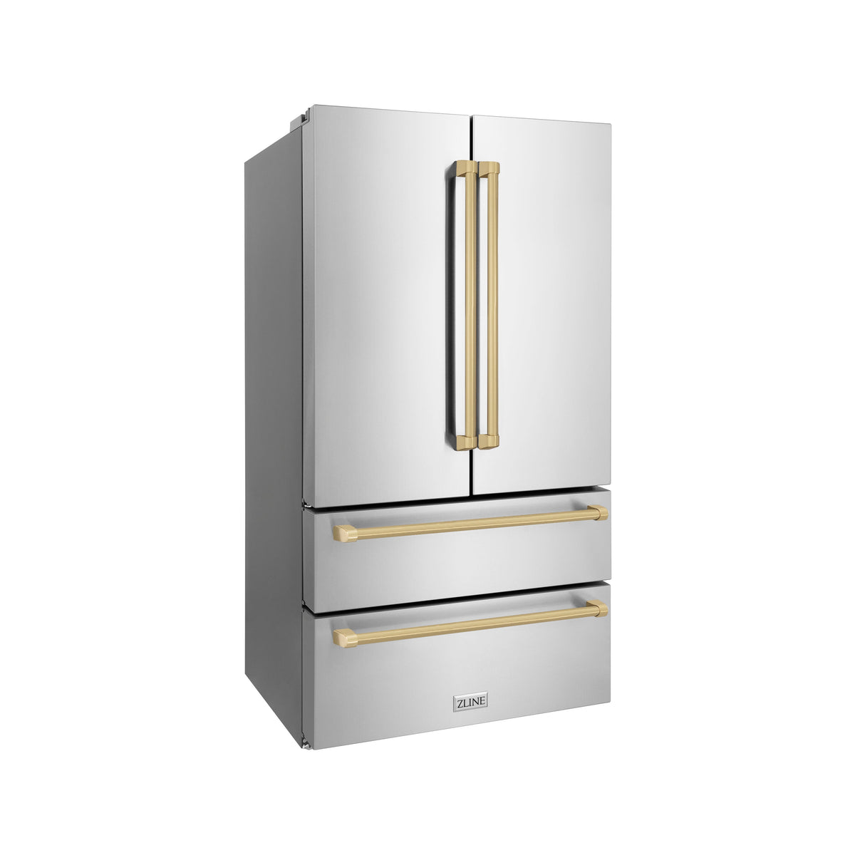 ZLINE Autograph Edition 36 in. 22.5 cu. ft. Counter-Depth French Door Refrigerator with Ice Maker in Fingerprint-Resistant Stainless Steel with Champagne Bronze Traditional Handles (RFMZ-36-CB)