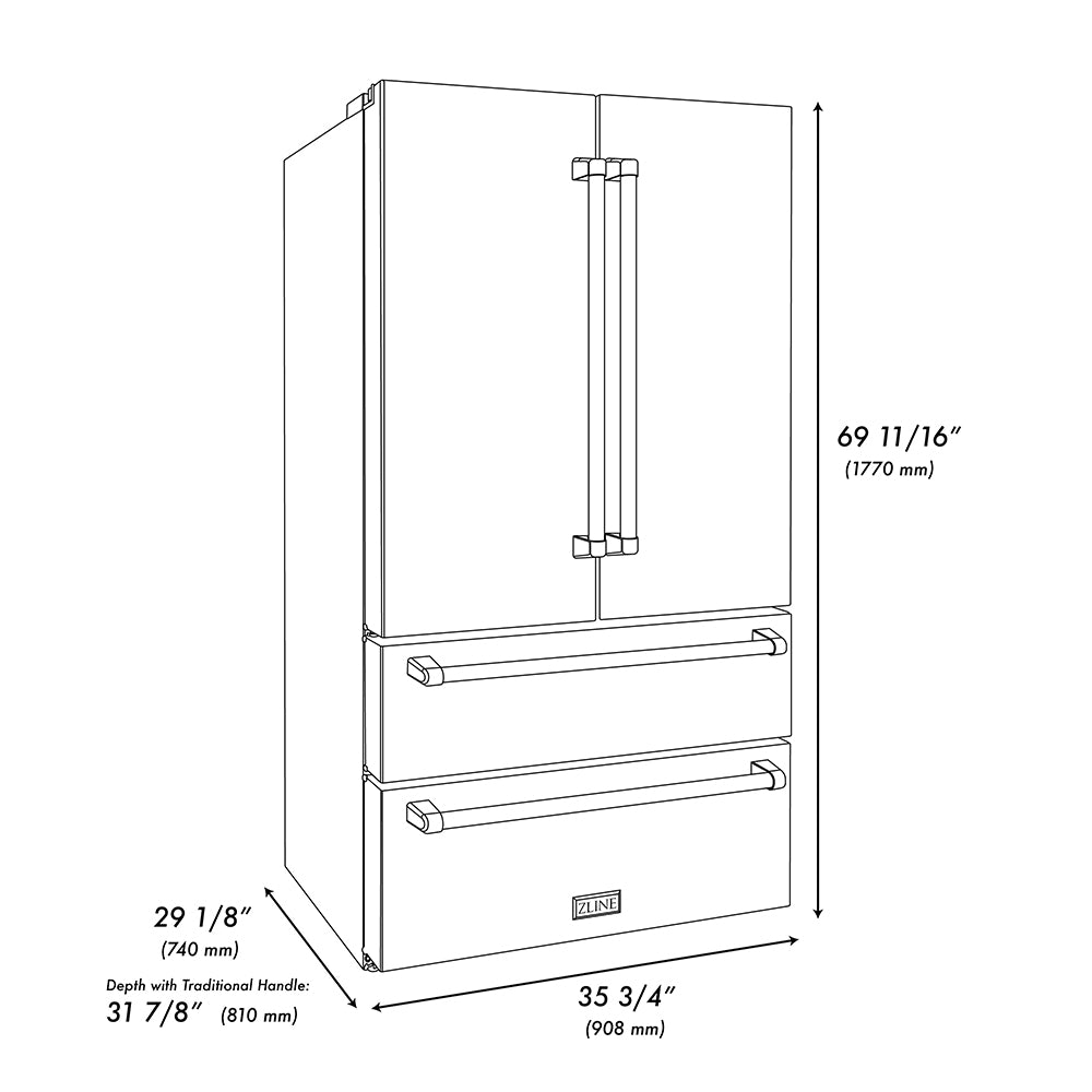 ZLINE Autograph Edition 36 in. 22.5 cu. ft. Counter-Depth French Door Refrigerator with Ice Maker in Fingerprint-Resistant Stainless Steel and Polished Nickel Helix Handles (RFMZ-36-KPN)