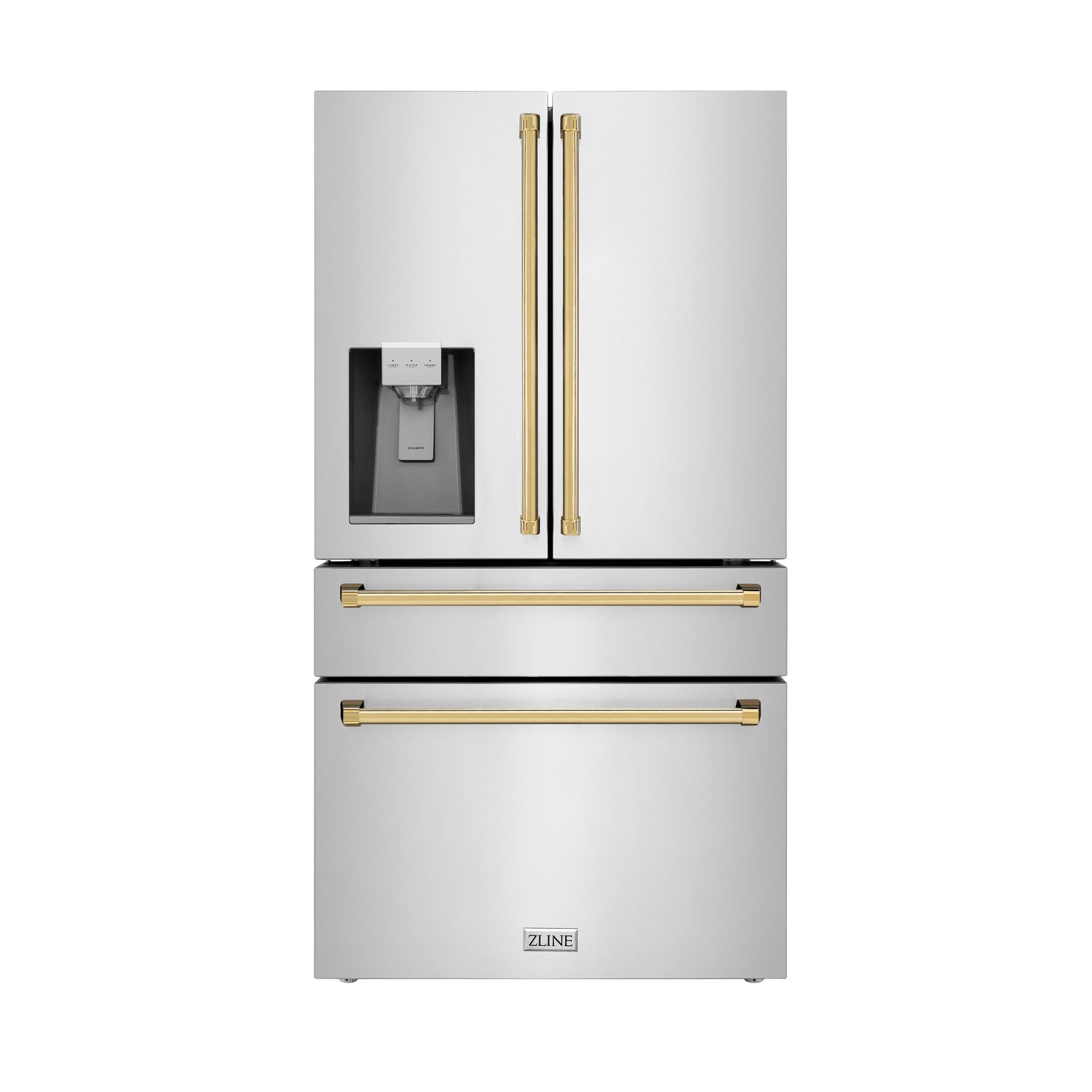 ZLINE Autograph Edition 36 in. 21.6 cu. ft. Counter-Depth French Door Refrigerator with Water and Ice Dispenser in Fingerprint-Resistant Stainless Steel with Polished Gold Traditional Handles (RFMZ-W-36-G)