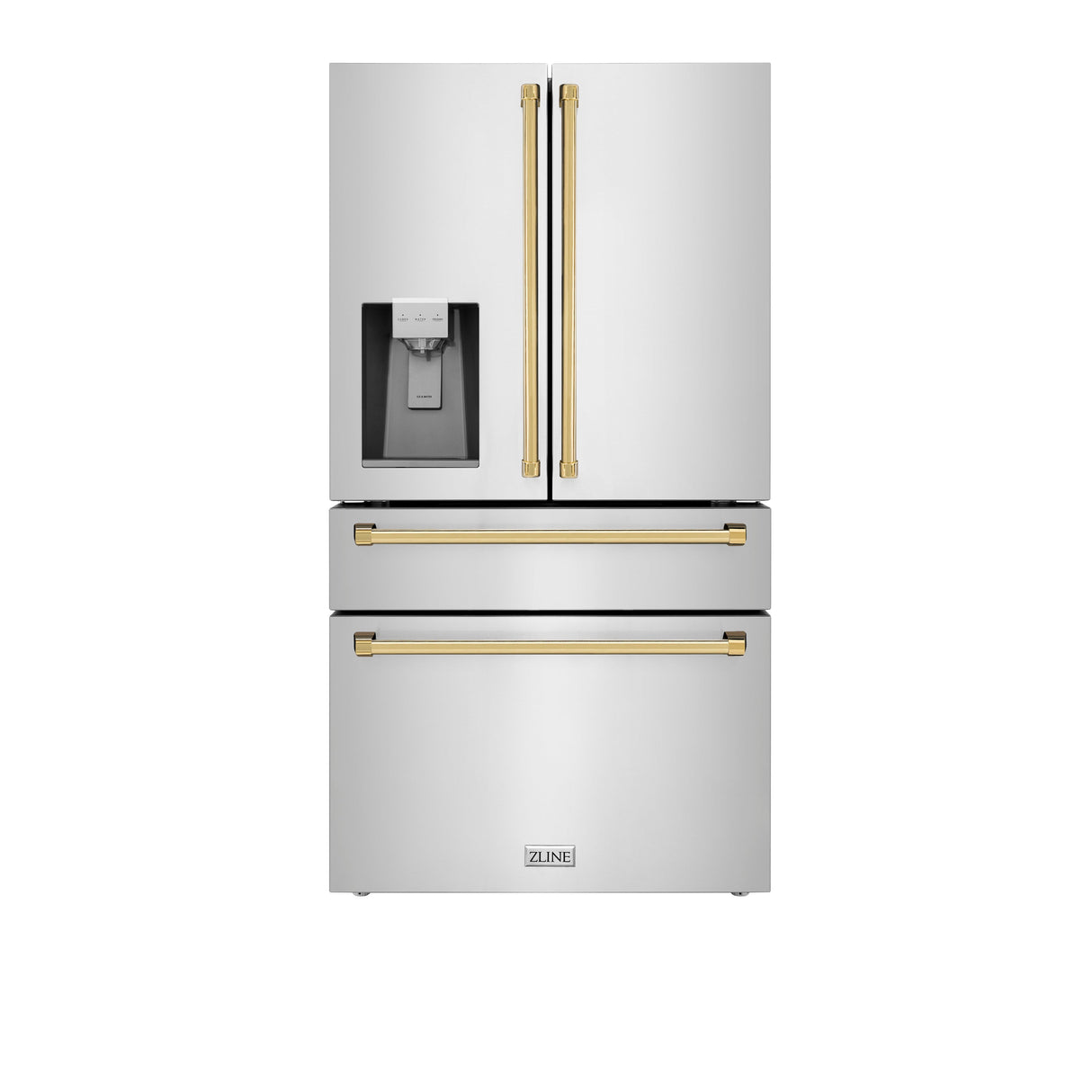 ZLINE Autograph Edition 36 in. 21.6 cu. ft. Counter-Depth French Door Refrigerator with Water and Ice Dispenser in Fingerprint-Resistant Stainless Steel with Polished Gold Traditional Handles (RFMZ-W-36-G)