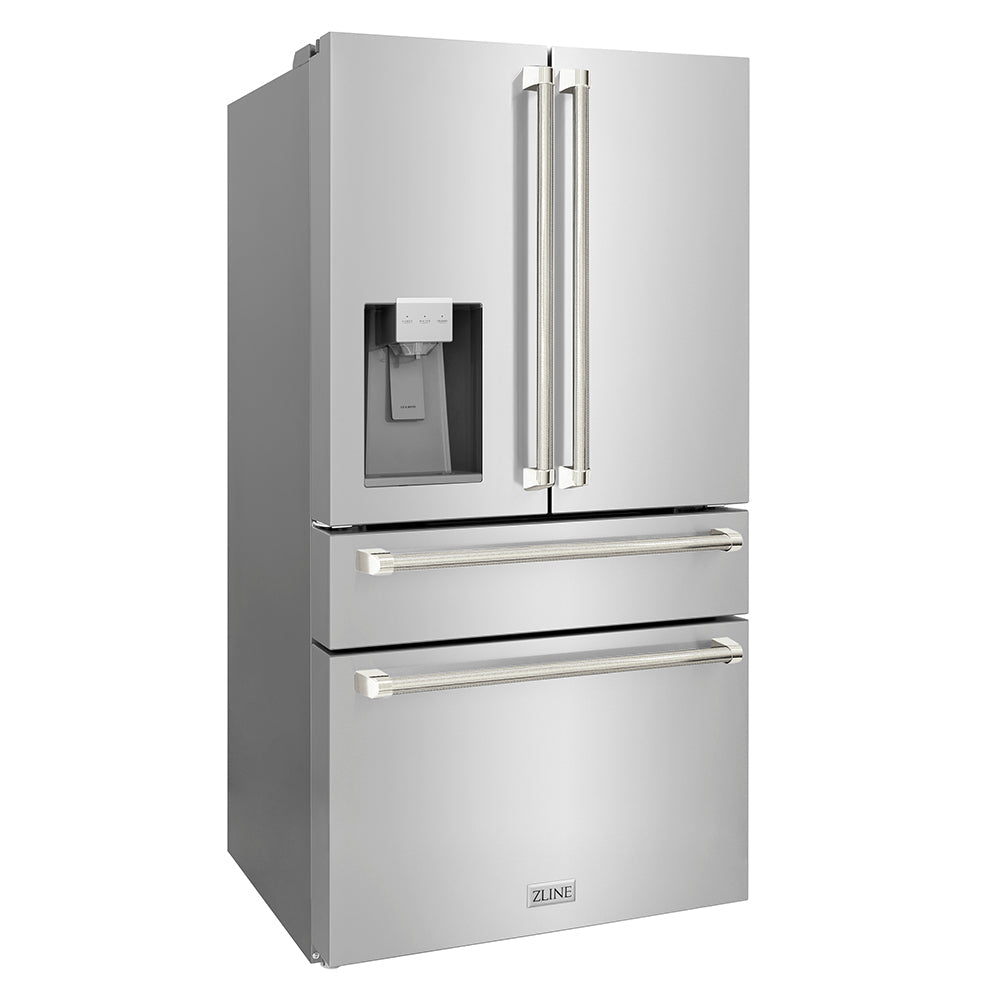 ZLINE Autograph Edition 36 in. 21.6 cu. ft. Counter-Depth French Door Refrigerator with Water and Ice Dispenser in Fingerprint-Resistant Stainless Steel with Polished Nickel Helix Handles (RFMZ-W-36-KPN)
