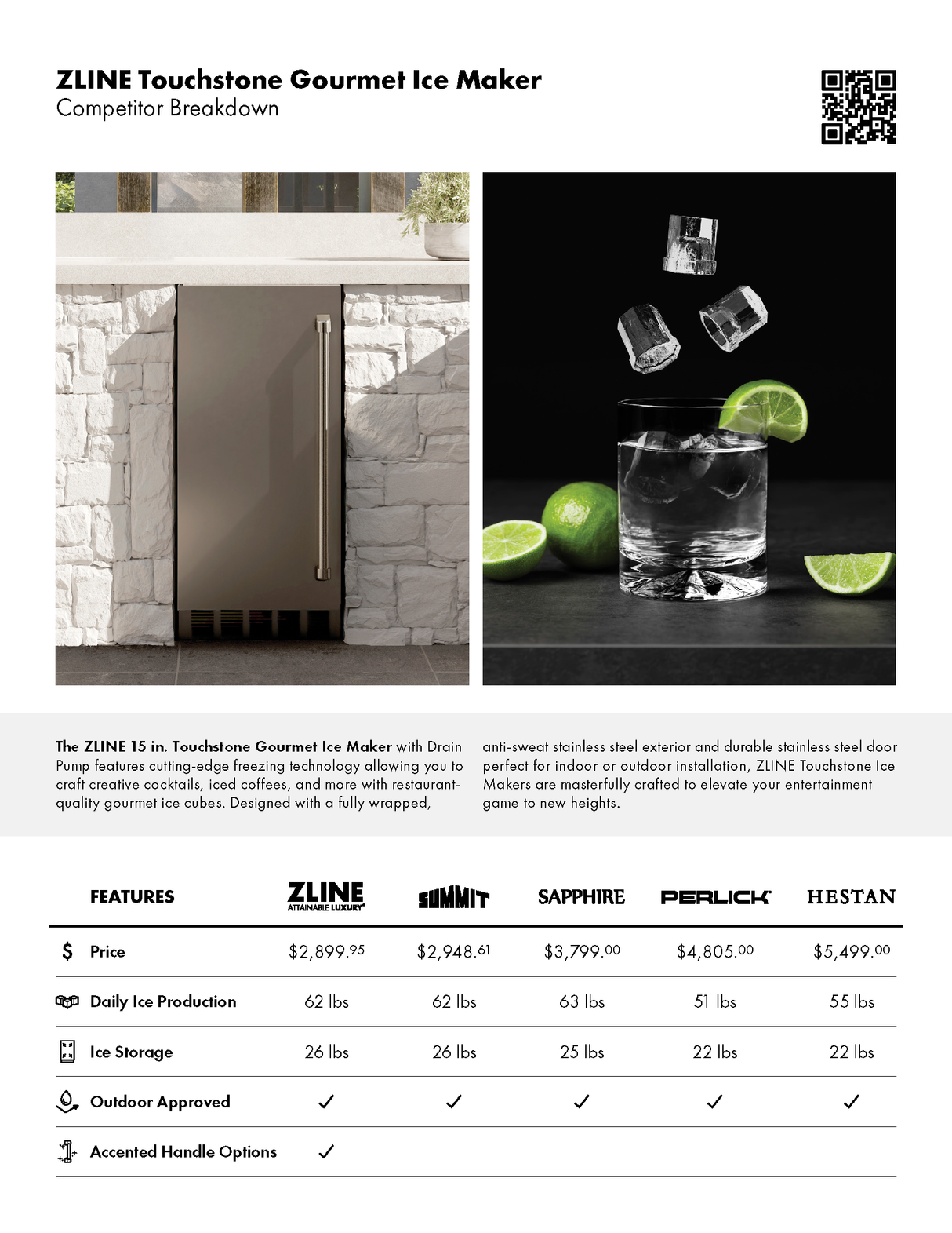 ZLINE Autograph Edition 15 in. Touchstone Gourmet Ice Maker with Drain Pump and Solid Stainless Steel Door with Matte Black Handle (IGMDZ-ST-15-MB)