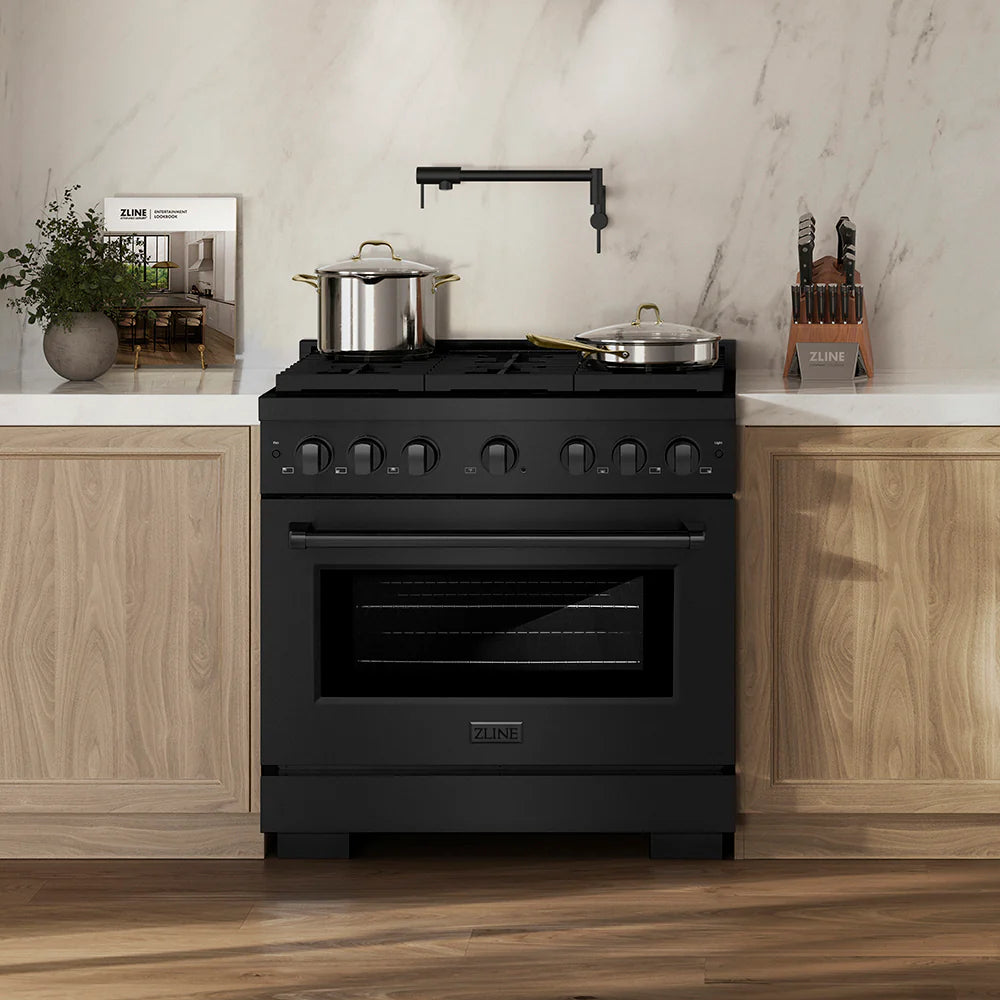 ZLINE 36 in. 5.2 cu. ft. Paramount Gas Range with 6 Burner DuoPro™ Cooktop and Convection Gas Oven in Black Stainless Steel (PSGRB-36)