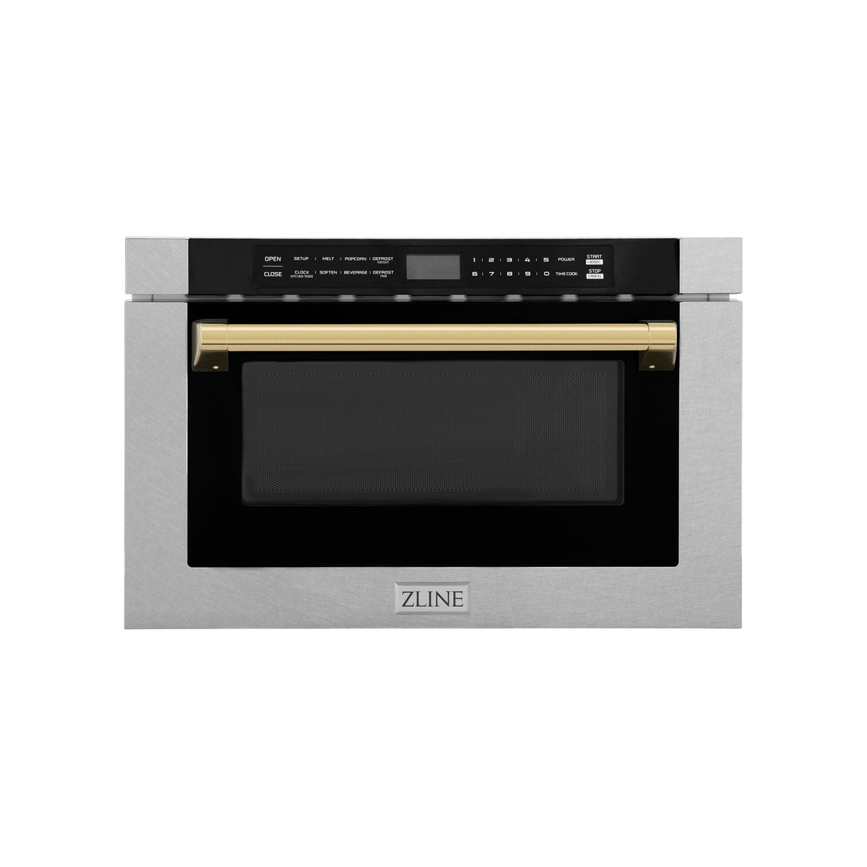 ZLINE Autograph Edition 24 in. 1.2 cu. ft. Built-in Microwave Drawer with a Traditional Handle in Satin Stainless Steel and Polished Gold Accents (MWDZ-1-SS-H-G)