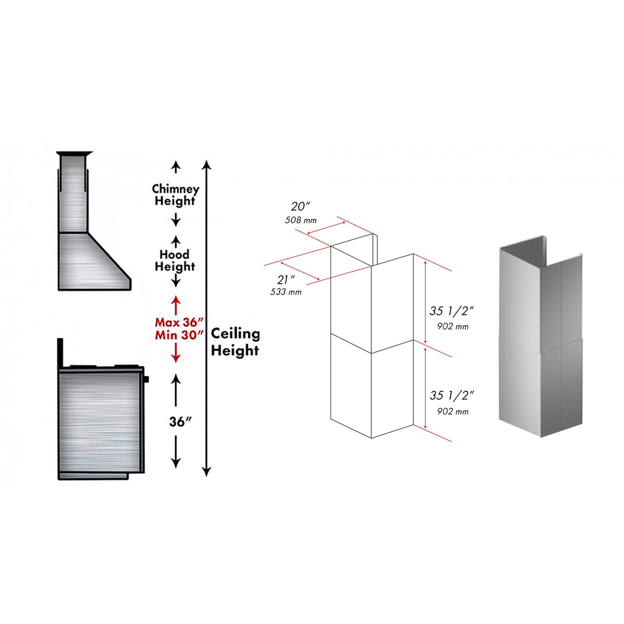 ZLINE 2 Piece 36 in. Chimney Extensions for Wall Mount Outdoor Grill Hood (2PEXT-GOW36)