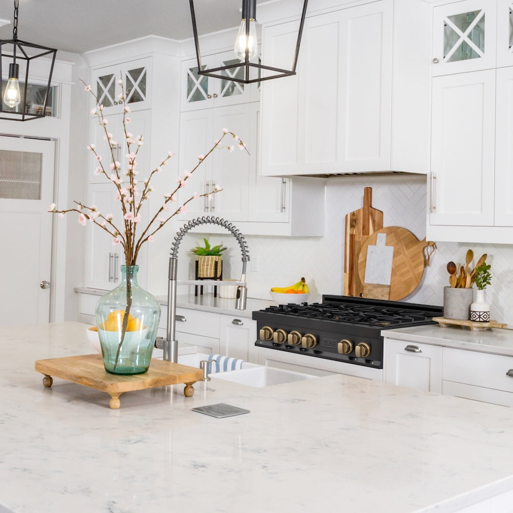 ZLINE Autograph Edition 36 in. Legacy Gas Rangetop with 6 Burners and Porcelain Cooktop in Black Stainless Steel with Champagne Bronze Accents (RTBZ-36-CB)