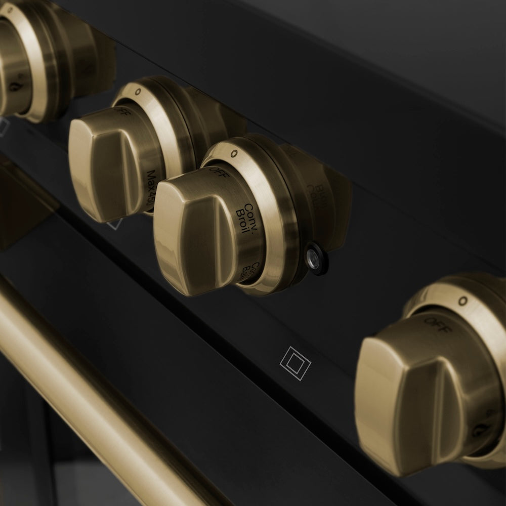 ZLINE Autograph Edition 30 in. 4.0 cu. ft. Legacy Dual Fuel Range with 4 Burner Gas Cooktop and Electric Convection Oven in Black Stainless Steel and Champagne Bronze Accents (RABZ-30-CB)