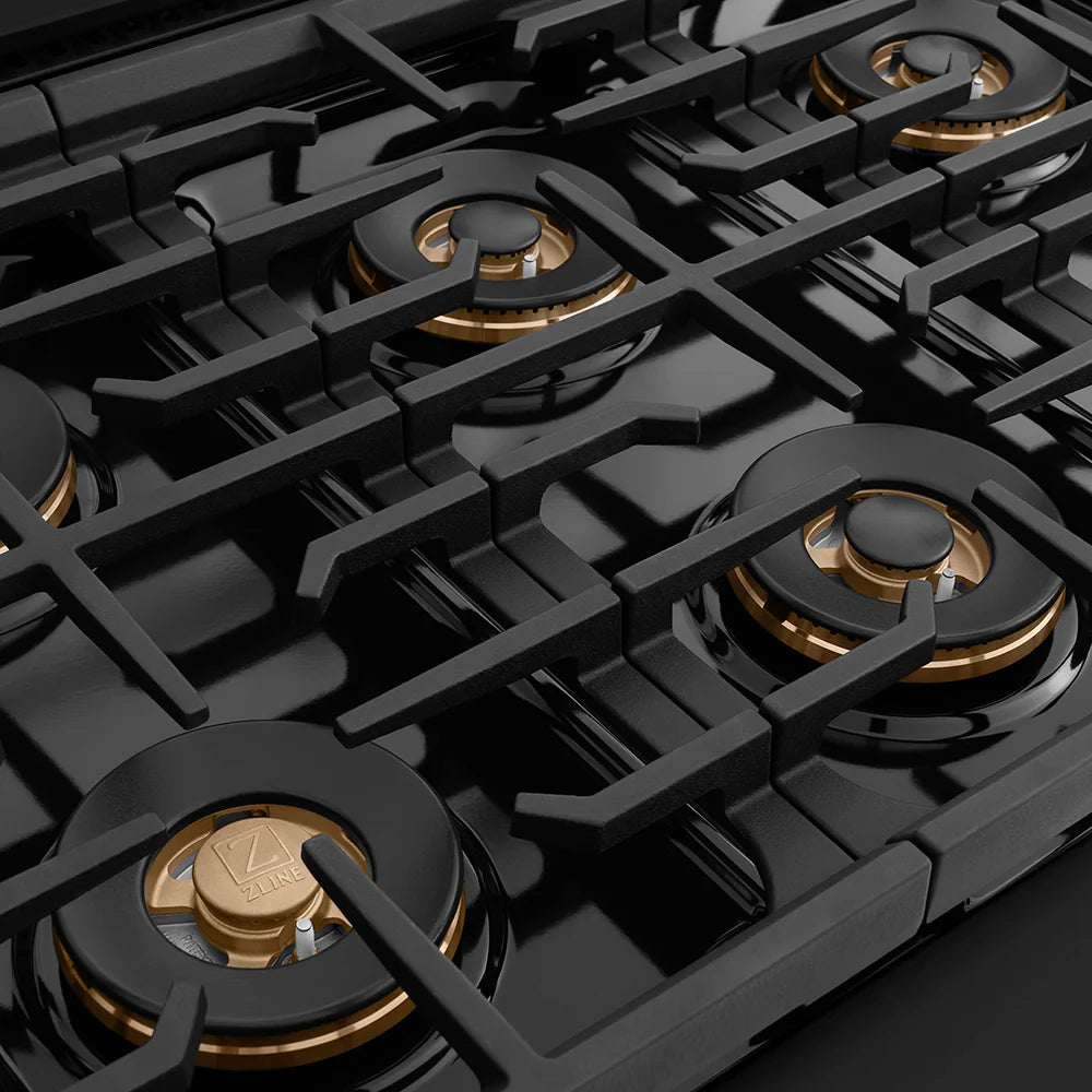ZLINE Autograph Edition 36 in. 5.2 cu. ft. Paramount Gas Range with 6 Burner DuoPro™ Cooktop and Convection Gas Oven in Black Stainless Steel and Champagne Bronze Accents (PSGRBZ-36-CB)