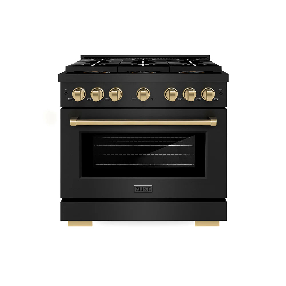 ZLINE Autograph Edition 36 in. 5.2 cu. ft. Paramount Gas Range with 6 Burner DuoPro™ Cooktop and Convection Gas Oven in Black Stainless Steel and Champagne Bronze Accents (PSGRBZ-36-CB)