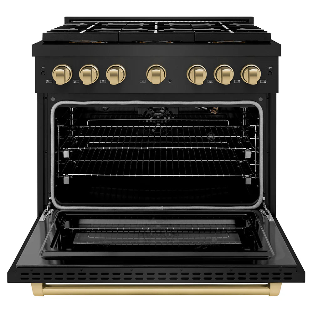 ZLINE Autograph Edition 36 in. 5.2 cu. ft. Paramount Gas Range with 6 Burner DuoPro™ Cooktop and Convection Gas Oven in Black Stainless Steel and Champagne Bronze Accents (PSGRBZ-36-CB)