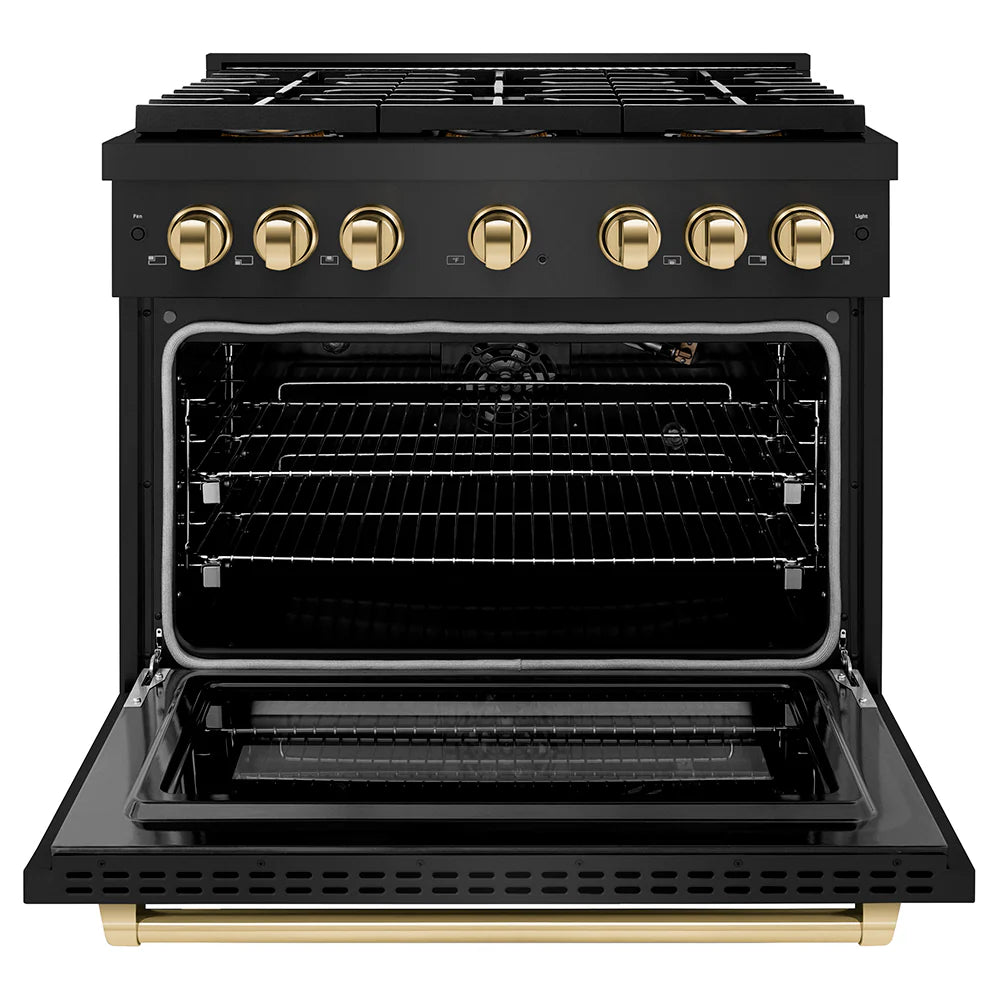 ZLINE Autograph Edition 36 in. 5.2 cu. ft. Paramount Gas Range with 6 Burner DuoPro™ Cooktop and Convection Gas Oven in Black Stainless Steel and Polished Gold Accents (PSGRBZ-36-G)