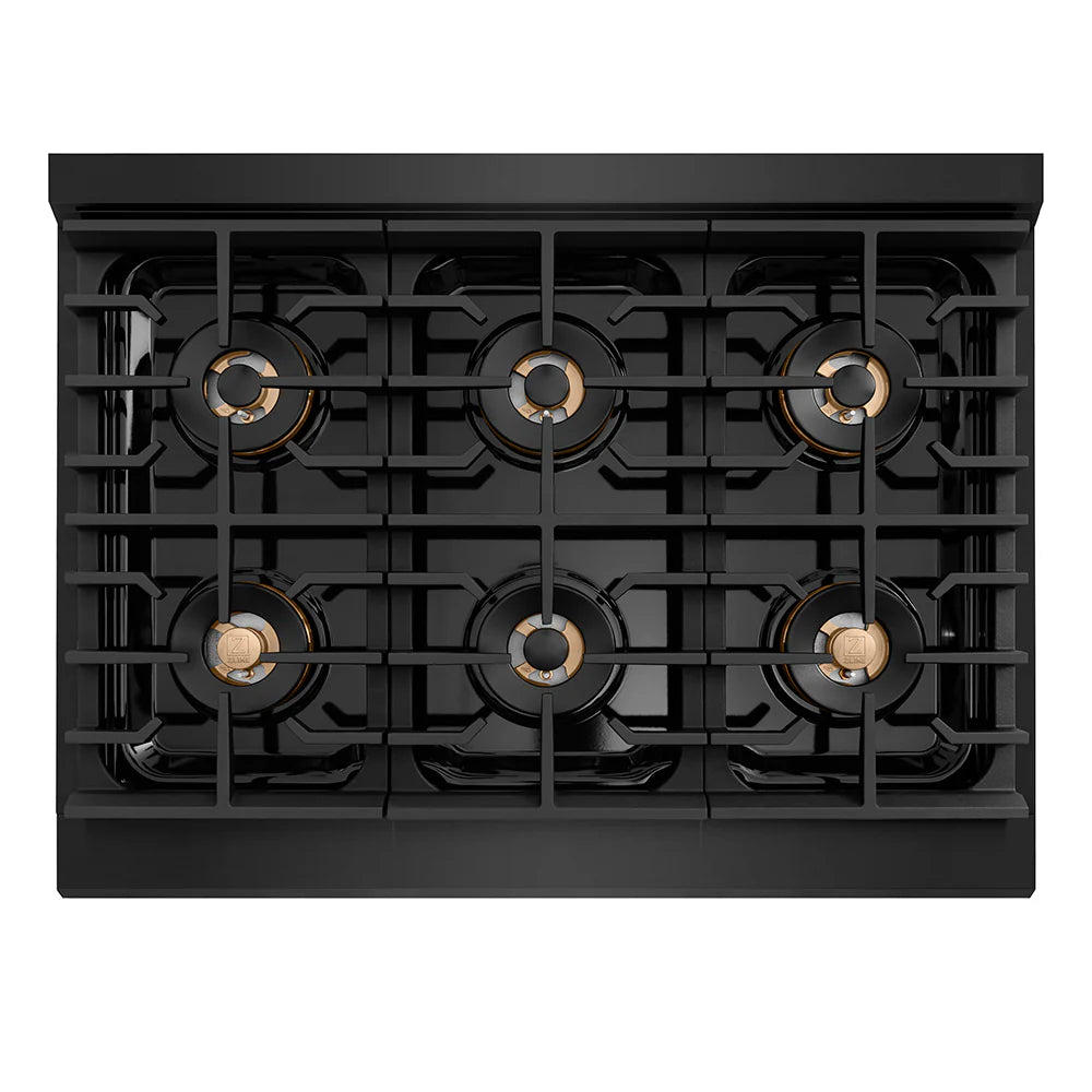 ZLINE Autograph Edition 36 in. 5.2 cu. ft. Paramount Gas Range with 6 Burner DuoPro™ Cooktop and Convection Gas Oven in Black Stainless Steel and Polished Gold Accents (PSGRBZ-36-G)