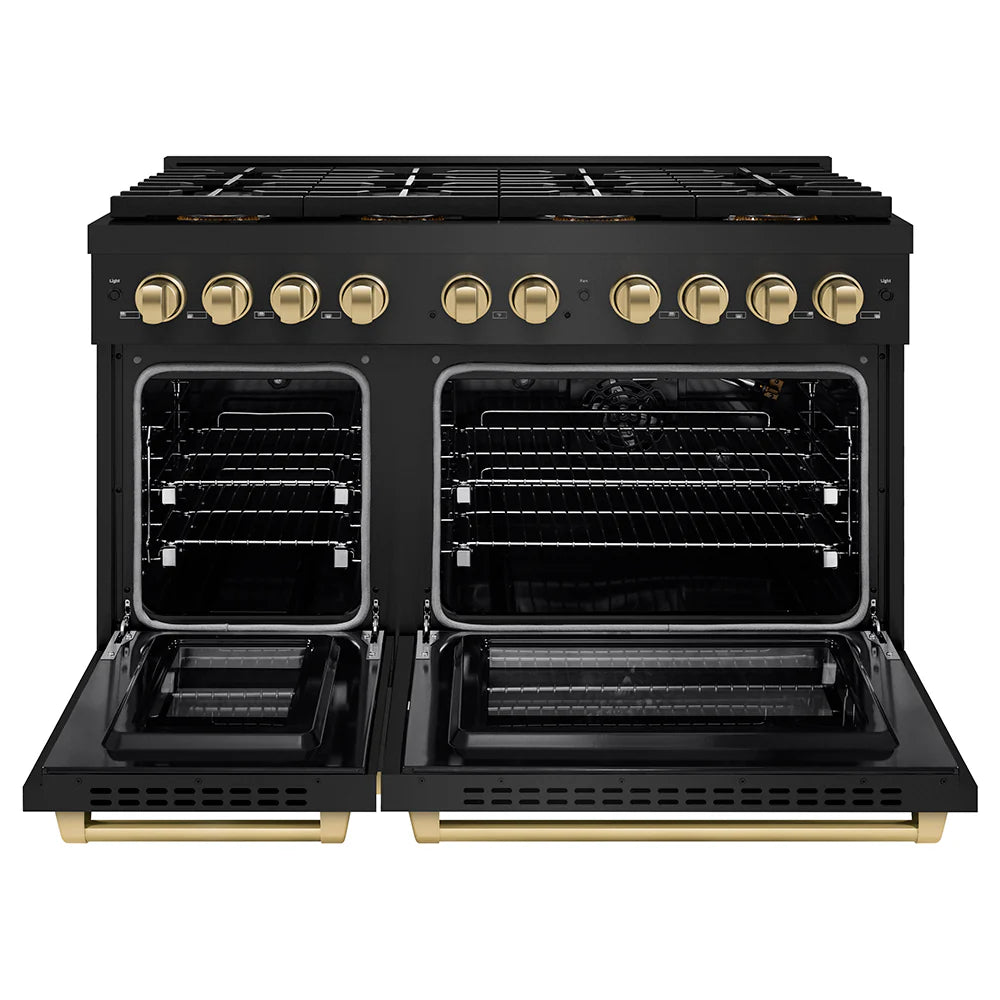 ZLINE Autograph Edition 48 in. 6.7 cu. ft. Paramount Gas Range with 8 Burner DuoPro™ Cooktop and Dual Ovens in Black Stainless Steel and Champagne Bronze Accents (PSGRBZ-48-CB)