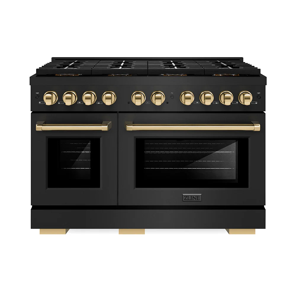 ZLINE Autograph Edition 48 in. 6.7 cu. ft. Paramount Gas Range with 8 Burner DuoPro™ Cooktop and Dual Ovens in Black Stainless Steel and Polished Gold Accents (PSGRBZ-48-G)