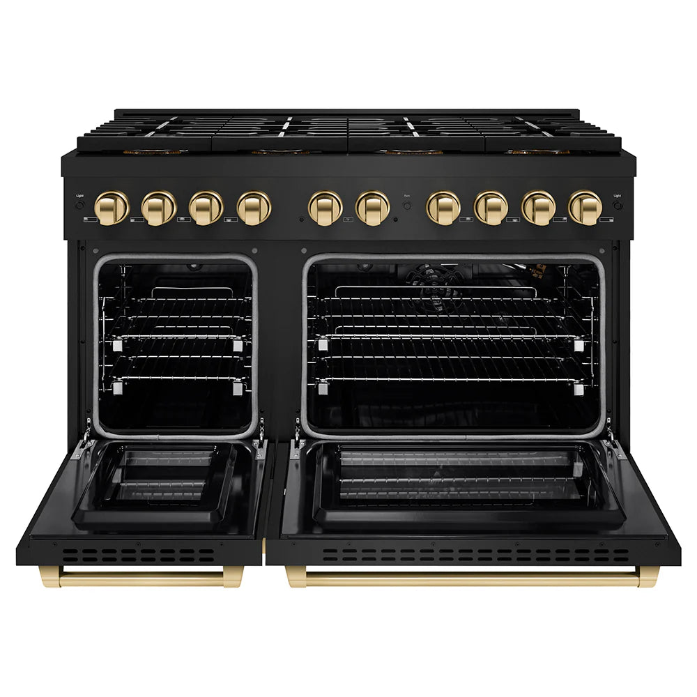 ZLINE Autograph Edition 48 in. 6.7 cu. ft. Paramount Gas Range with 8 Burner DuoPro™ Cooktop and Dual Ovens in Black Stainless Steel and Polished Gold Accents (PSGRBZ-48-G)