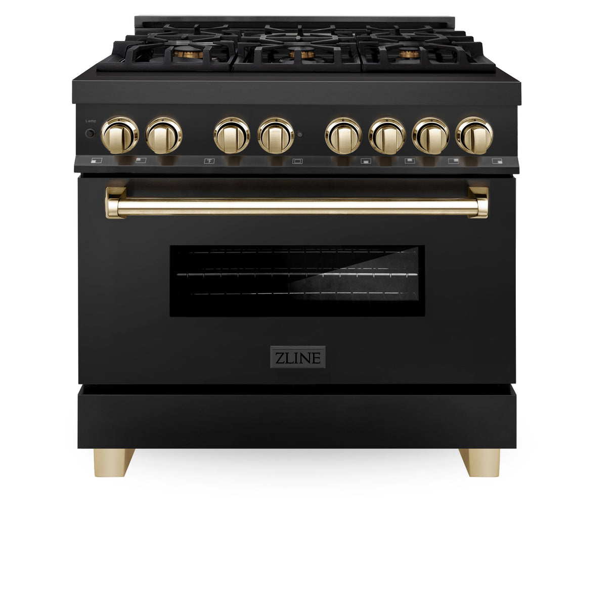 ZLINE Autograph Edition 36 in. 4.6 cu. ft. Legacy Dual Fuel Range with 6 Burner Gas Cooktop and Electric Convection Oven in Black Stainless Steel and Polished Gold Accents (RABZ-36-G)