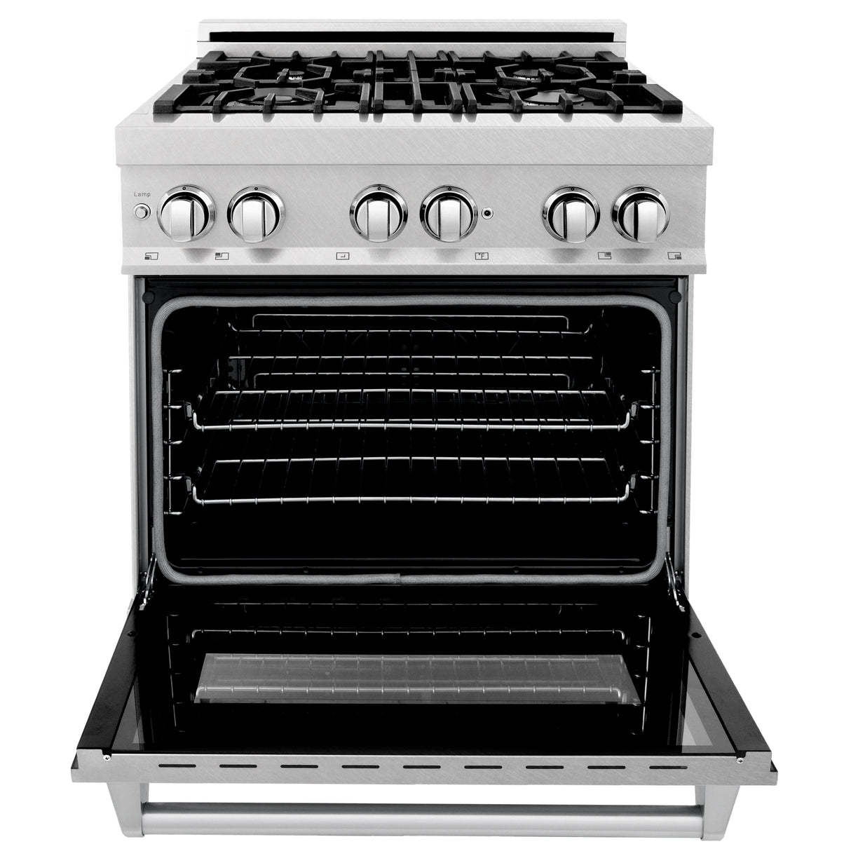 ZLINE 30 in. 4.0 cu. ft. Legacy Dual Fuel Range with Gas Cooktop and Electric Convection Oven in Satin Stainless Steel with 4 Brass Burners and Griddle (RAS-SN-BR-GR-30)