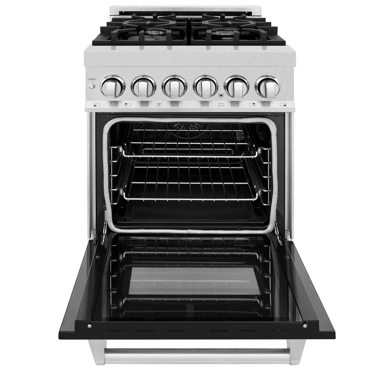 ZLINE 24 in. 2.8 cu. ft. Legacy Dual Fuel Range with 4 Burner Gas Cooktop and Electric Convection Oven in Satin Stainless Steel and Black Matte Door (RAS-BLM-24)