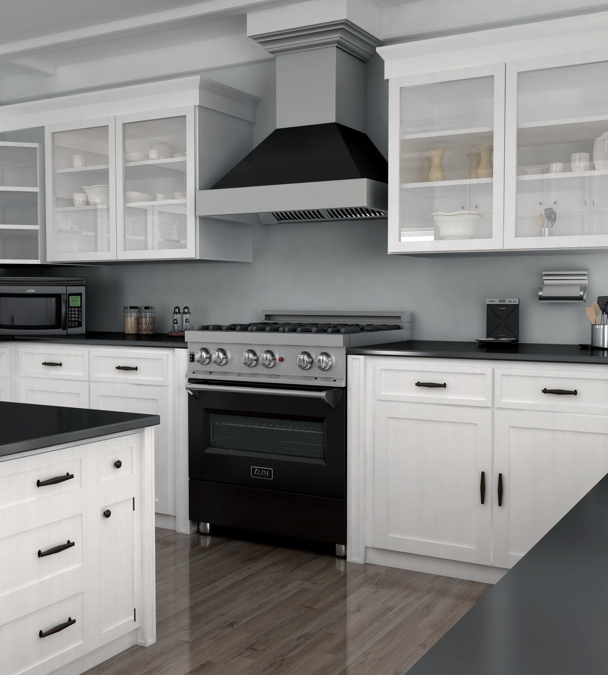 ZLINE 30 in. 4.0 cu. ft. Legacy Dual Fuel Range with 4 Burner Gas Cooktop and Electric Convection Oven in Satin Stainless Steel and Black Matte Door (RAS-BLM-30)