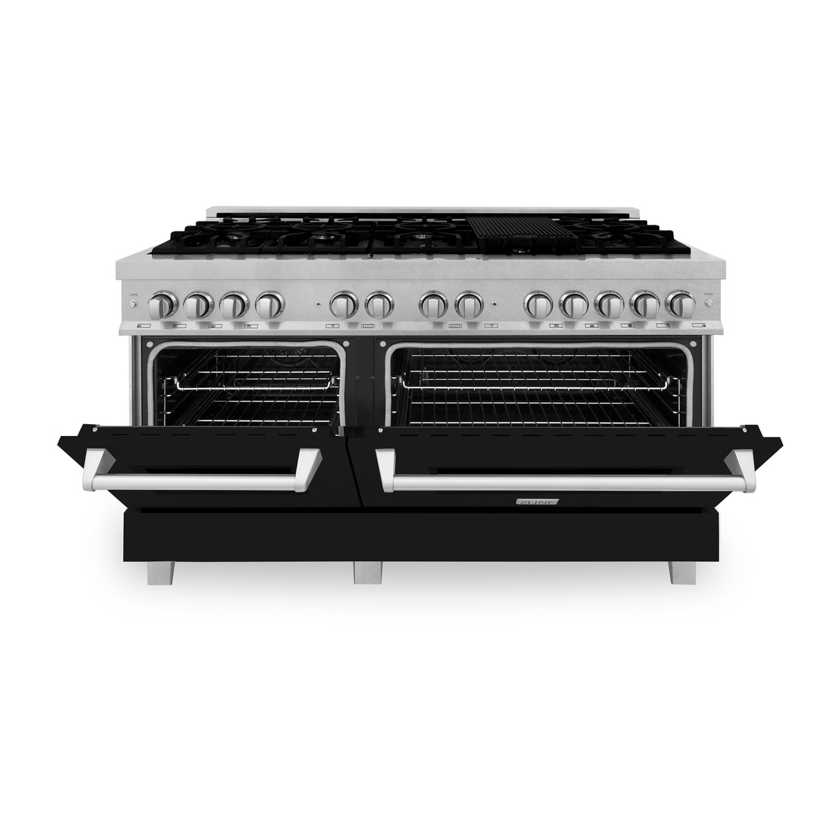 ZLINE 60 in. 7.4 cu. ft. Legacy Dual Fuel Range with 9 Burner Gas Cooktop and 2 Electric Convection Ovens in Satin Stainless Steel and Black Matte Doors (RAS-BLM-60)