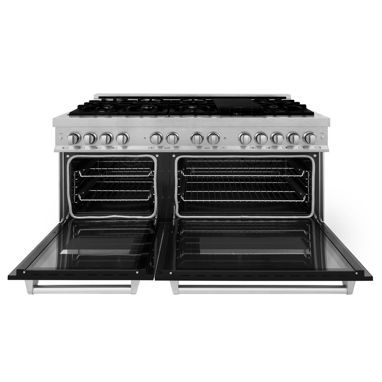 ZLINE 60 in. 7.4 cu. ft. Legacy Dual Fuel Range with 9 Burner Gas Cooktop and 2 Electric Convection Ovens in Satin Stainless Steel and Black Matte Doors (RAS-BLM-60)