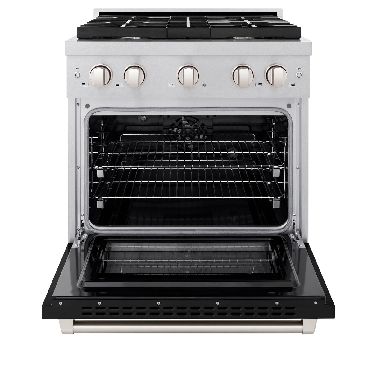ZLINE 30 in. 4.2 cu. ft. Paramount Dual Fuel Range with 4 Burner Gas Cooktop and Electric Convection Oven in Satin Stainless Steel with Black Matte Door (SDRS-BLM-30)