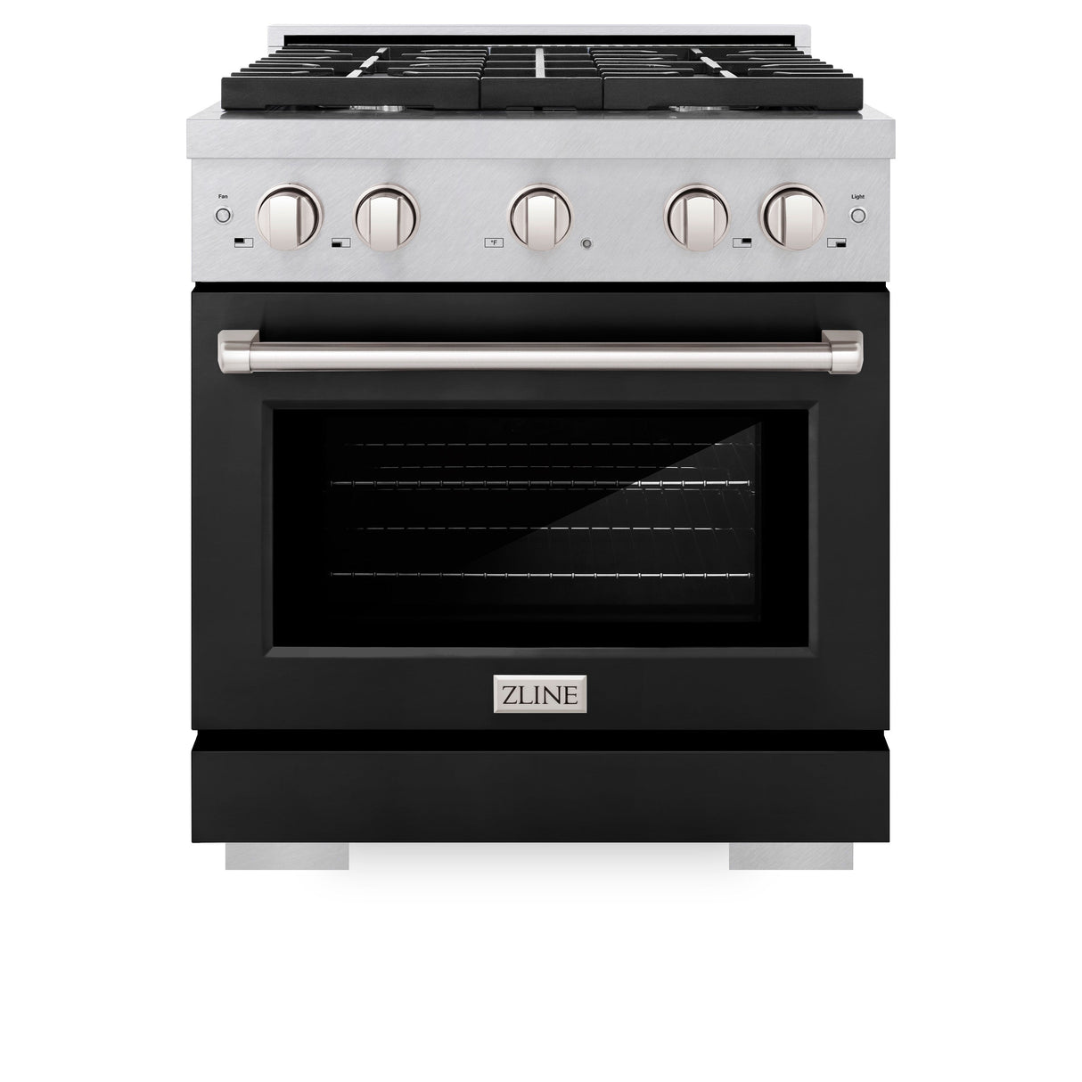 ZLINE 30 in. 4.2 cu. ft. Paramount Dual Fuel Range with 4 Burner Gas Cooktop and Electric Convection Oven in Satin Stainless Steel with Black Matte Door (SDRS-BLM-30)