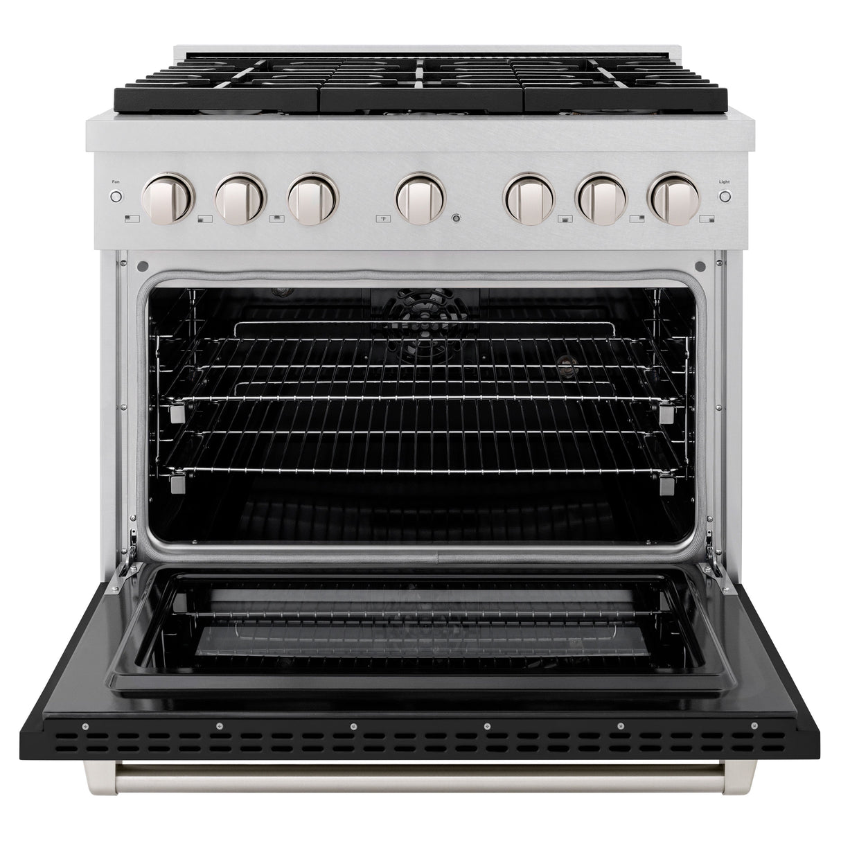 ZLINE 36 in. 5.2 cu. ft. Paramount Dual Fuel Range with 6 Burner Gas Cooktop and Electric Convection Oven in Satin Stainless Steel with Black Matte Door (SDRS-BLM-36)
