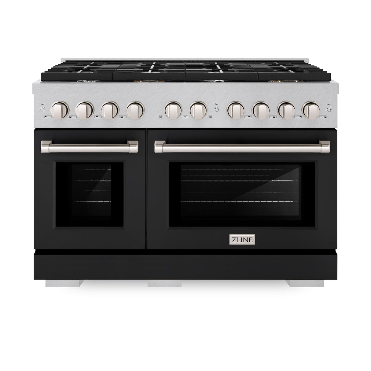 ZLINE 48 in. 6.7 cu. ft. Paramount Double Oven Dual Fuel Range with 8 Burner Gas Cooktop in Satin Stainless Steel with Black Matte Doors (SDRS-BLM-48)