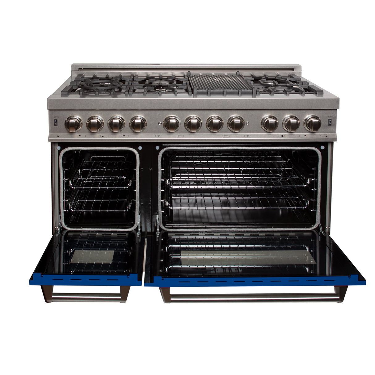 ZLINE 48 in. 6.0 cu. ft. Legacy Dual Fuel Range with 7 Burner Gas Cooktop and 2 Electric Ovens in Satin Stainless Steel and Blue Matte Doors (RAS-BM-48)