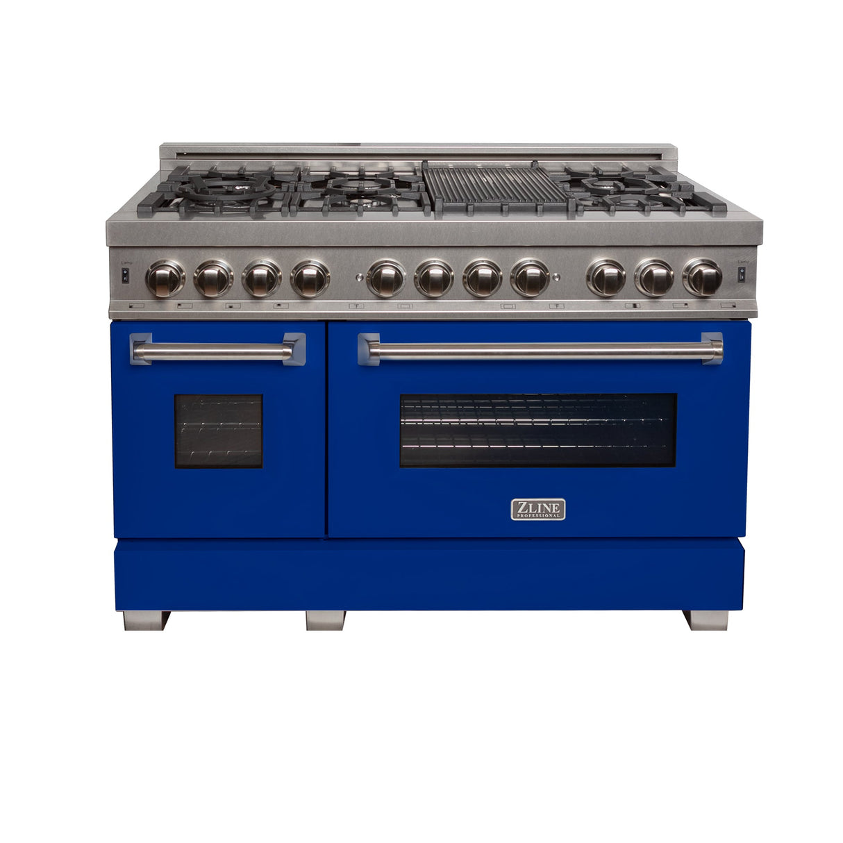 ZLINE 48 in. 6.0 cu. ft. Legacy Dual Fuel Range with 7 Burner Gas Cooktop and 2 Electric Ovens in Satin Stainless Steel and Blue Matte Doors (RAS-BM-48)