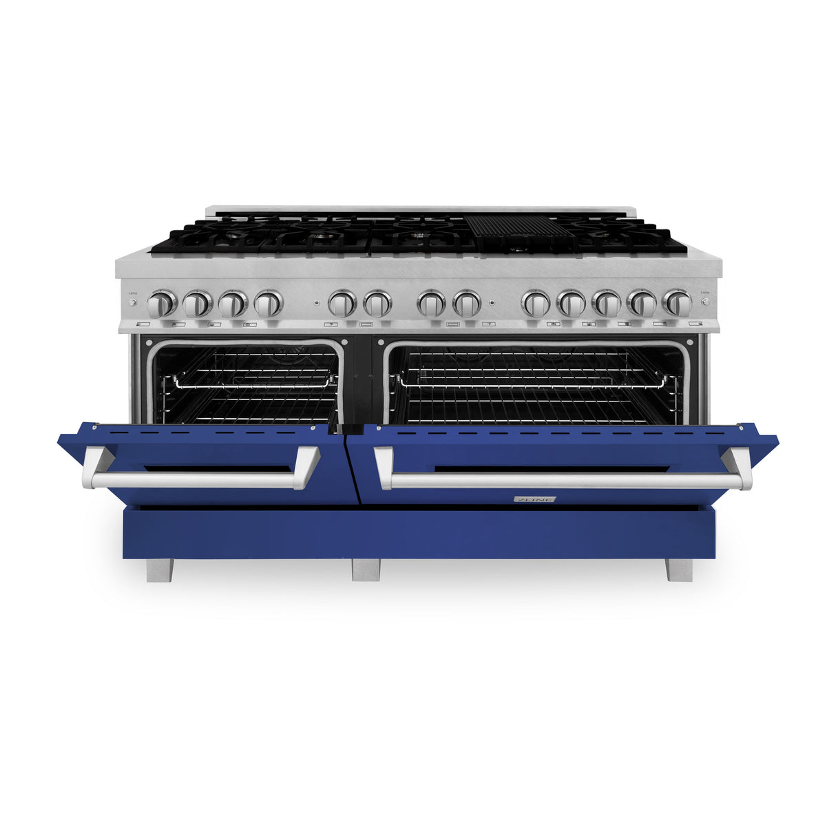 ZLINE 60 in. 7.4 cu. ft. Legacy Dual Fuel Range with 9 Burner Gas Cooktop and 2 Electric Convection Ovens in Satin Stainless Steel and Blue Matte Doors (RAS-BM-60)