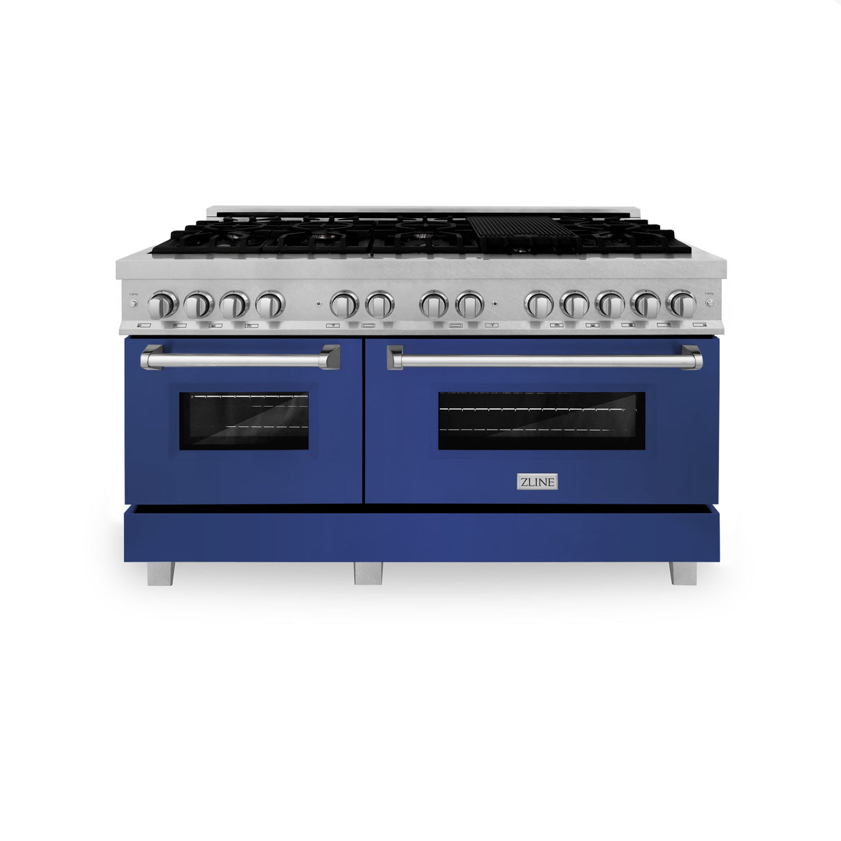 ZLINE 60 in. 7.4 cu. ft. Legacy Dual Fuel Range with 9 Burner Gas Cooktop and 2 Electric Convection Ovens in Satin Stainless Steel and Blue Matte Doors (RAS-BM-60)